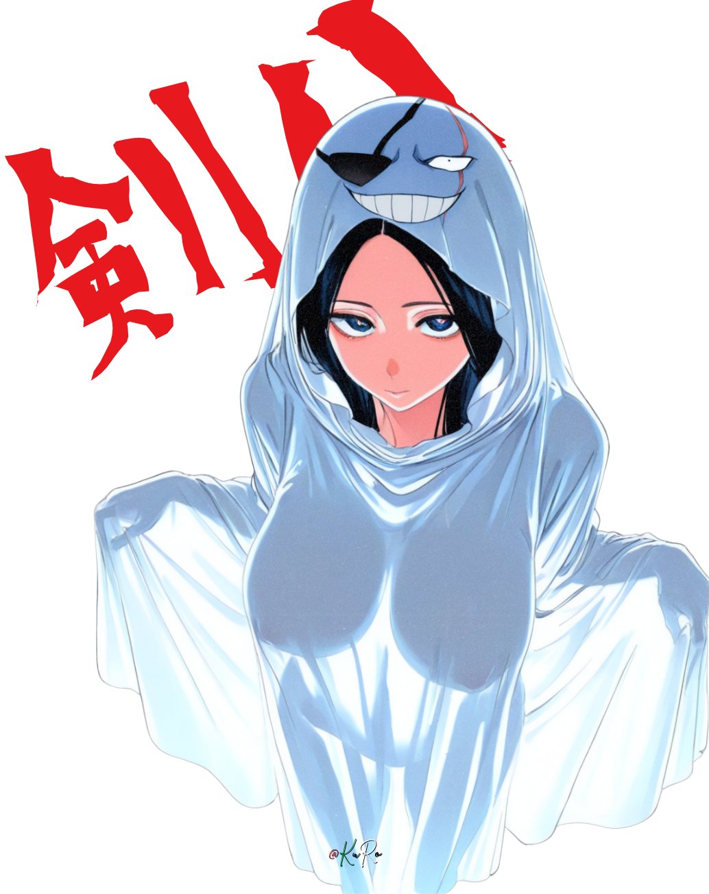 1girls, ai generated, alternate costume, animerch, artist logo, artist signature, bangs, big breasts, black hair, bleach, bleach: the thousand-year blood war, blue eyes, breasts, busty, cloak, closed mouth, clothed, clothing, costume, covered breasts, covered nipples, cropped legs, curvy, digital media (artwork), erect nipples, erect nipples under clothes, eyepatch, eyewear, fanart, feet out of frame, female, female focus, female only, front view, functionally nude, ghost, ghost costume, ghost girl, ghost pose, halloween, halloween costume, halloween theme, hanging breasts, high resolution, highres, japanese text, kanji, large breasts, large filesize, light skin, light-skinned female, long hair, looking at viewer, naked cloak, naked under clothes, nipples, nipples visible through clothing, no bra, parted bangs, pose, posing, posing for the viewer, sagging breasts, scar, see-through, see-through clothing, see-through silhouette, silhouette, simple background, slender waist, smile, standing, text, twitter username, unohana retsu, upper body, viewed from above, white background, white cloak