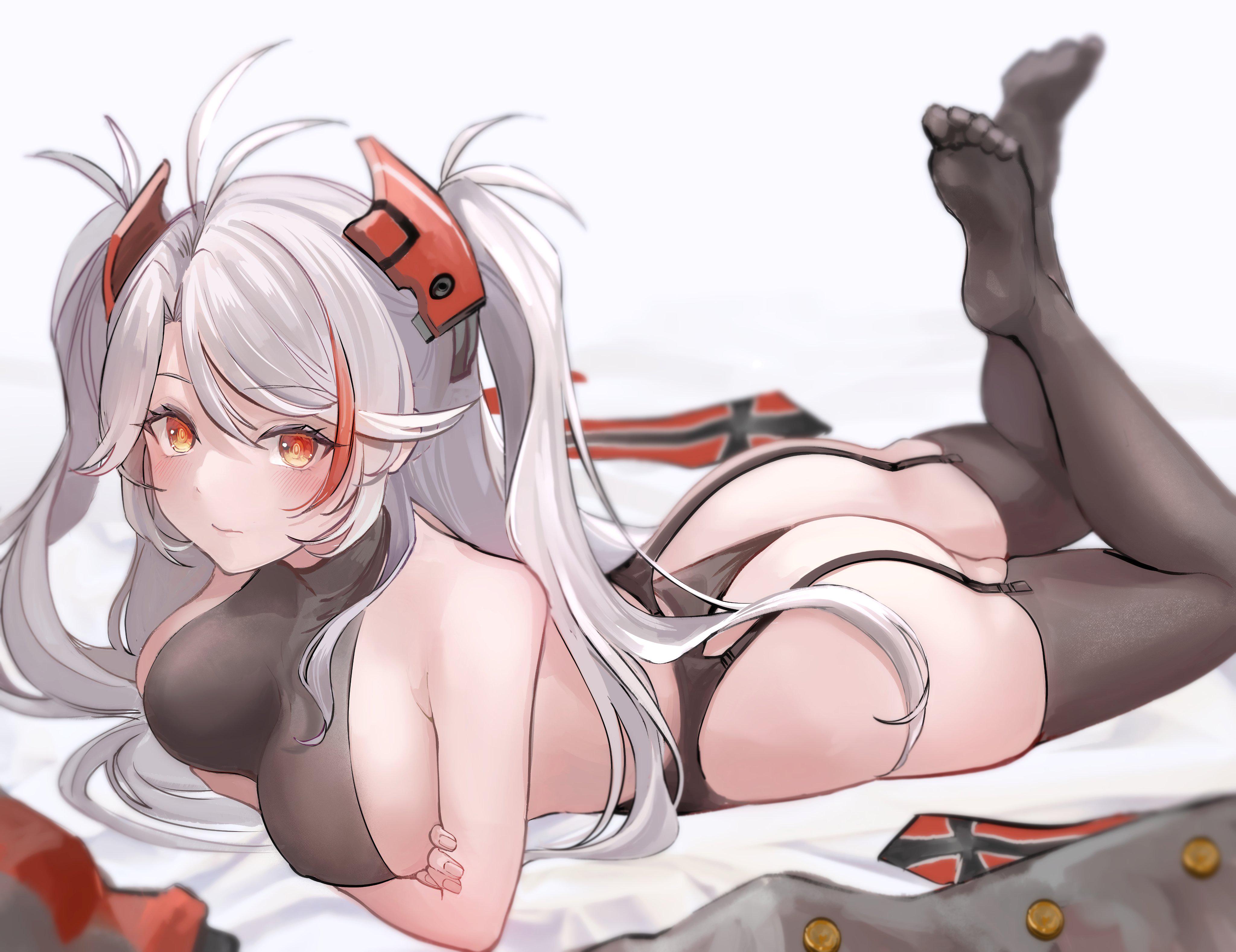antenna hair, ass, azur lane, bare shoulders, black panties, black thighhighs, blush, breasts, cg, closed mouth, crossed arms, feet, feet up, female, garter straps, headgear, large breasts, leotard, long hair, looking at viewer, lying, multicolored hair, no shoes, on stomach, orange eyes, panties, prinz eugen (azur lane), red hair, sideboob, soles, solo, streaked hair, the pose, thighhighs, thighs, thong, toes, two side up, underwear, very long hair, white background, white hair