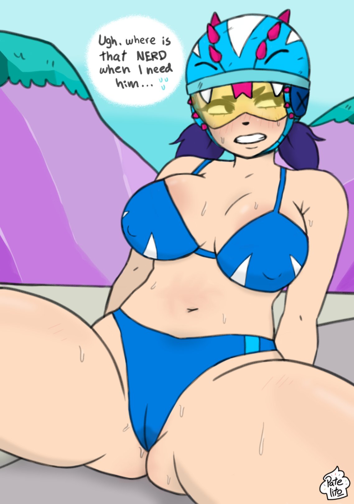 1girls, annoyed, big breasts, bikini, brawl stars, breasts, female, huge breasts, jacky (brawl stars), jet ski jacky (brawl stars), panties, patelito, ponytail, purple hair, pussy, pussy visible through panties, sweat, sweatdrop, sweaty, tight clothing, tinted eyewear