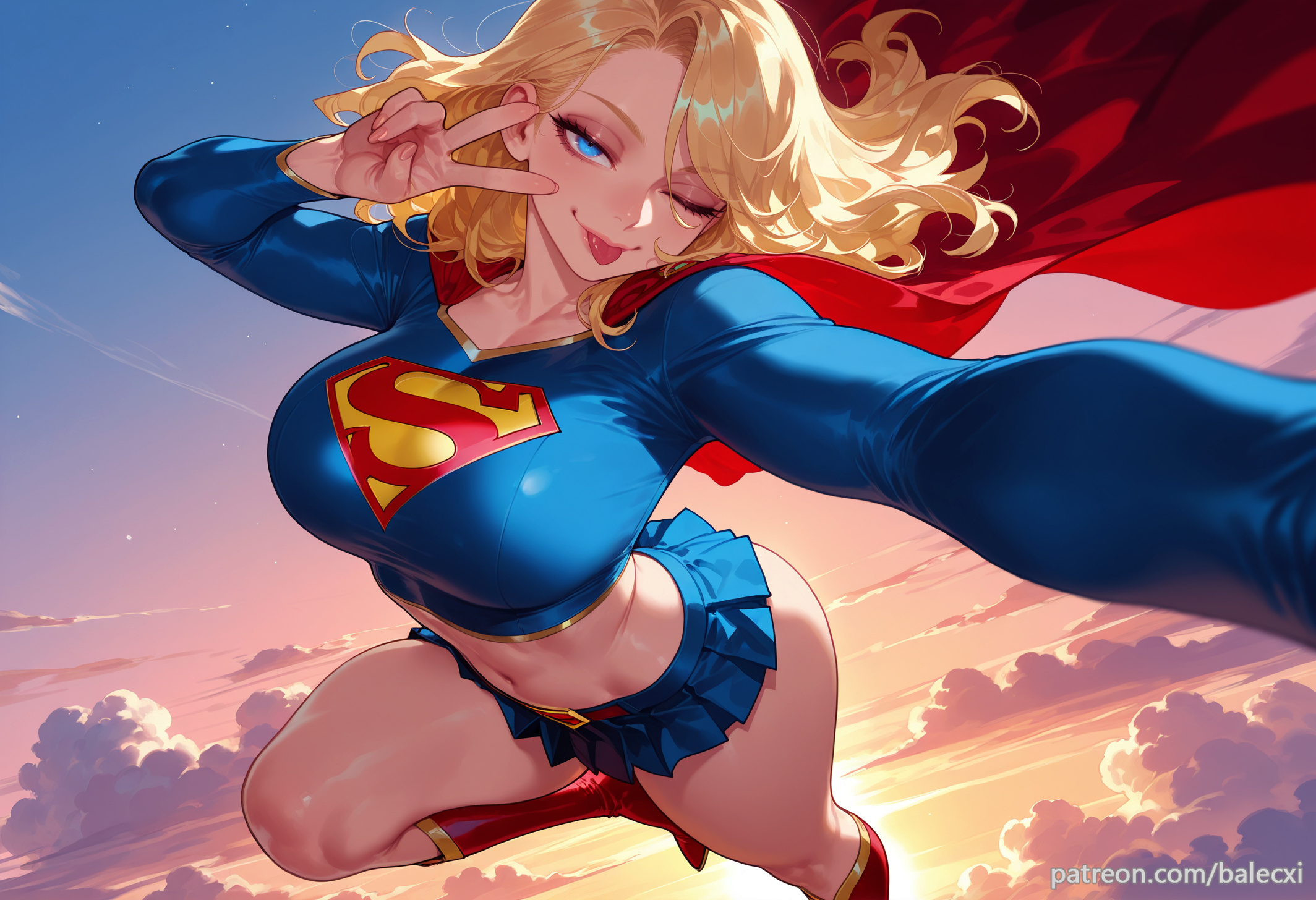 ai generated, balecxi, blonde hair, blue eyes, blue skirt, boots, breasts, cloud, crop top, dc, dc comics, female, flying, kara zor-el, large breasts, long sleeves, looking at viewer, midriff, navel, one eye closed, patreon username, red cape, selfie, sky, smile, solo, supergirl, supergirl (series), superman (series), thighs, tongue, tongue out, v