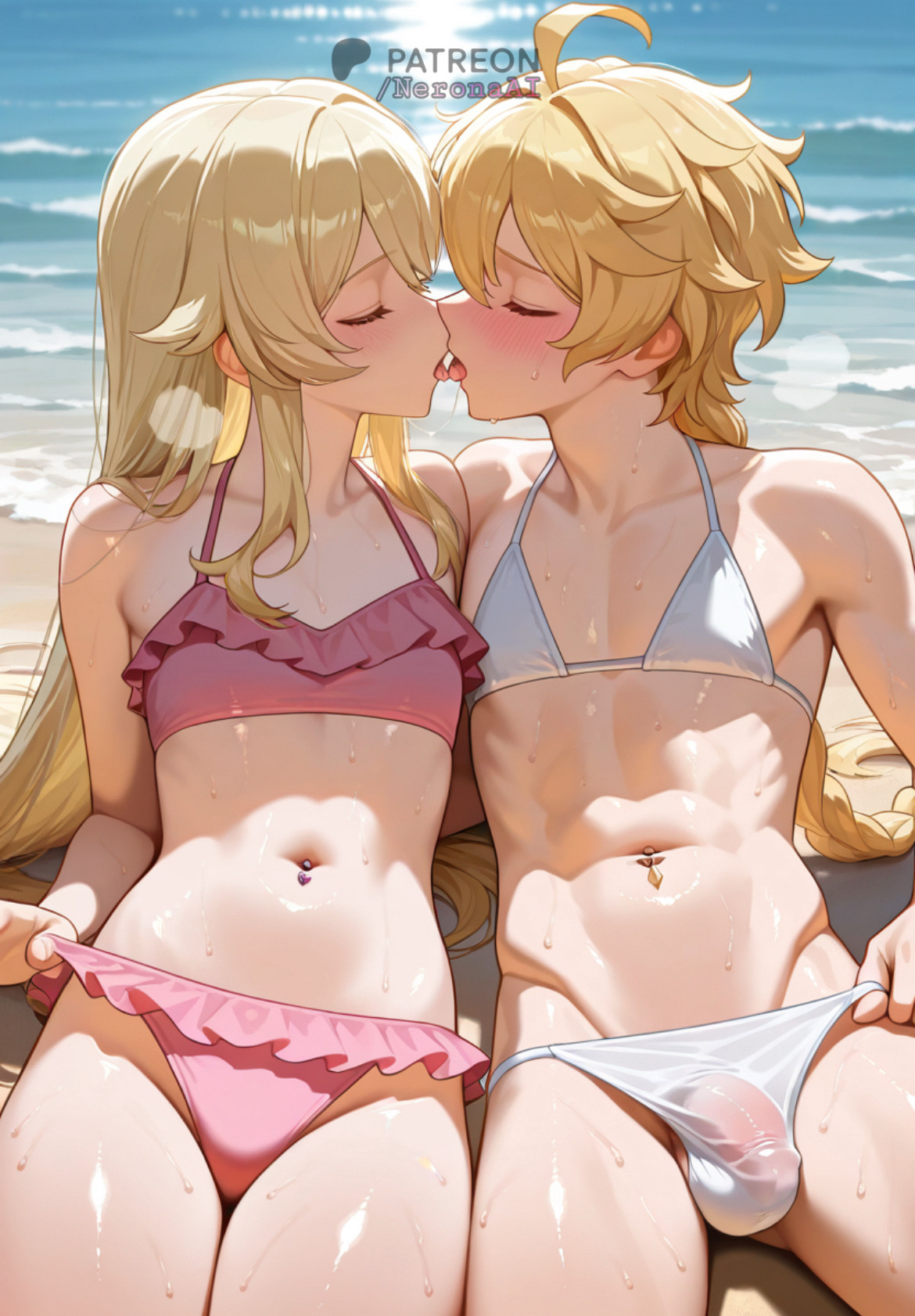 aether (genshin impact), ai, ai assisted, ai generated, beach, bikini, blonde hair, braid, braided hair, brother and sister, bulge, femboy, flat chest, french kiss, genshin impact, incest, kissing, lumine (genshin impact), male, neronaai, otoko no ko, siblings, wet