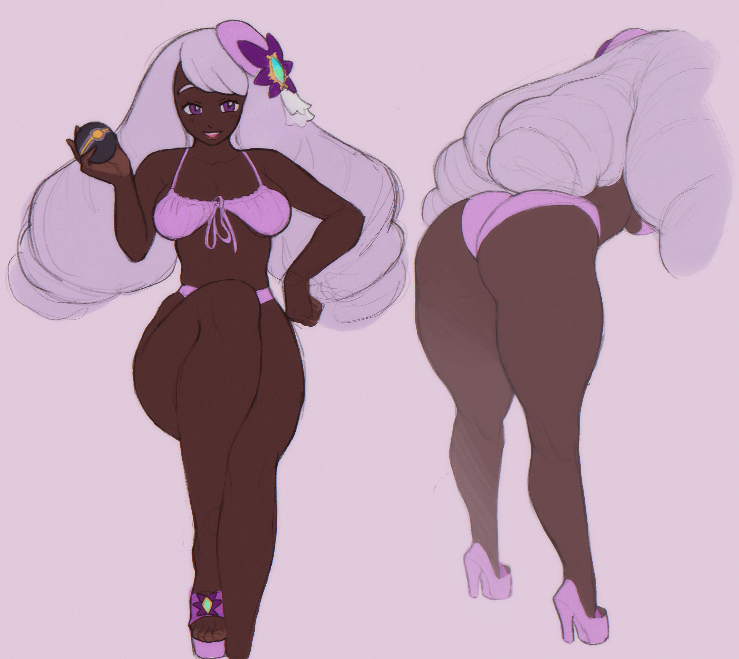 1girls, ass, ass shot, big ass, big breasts, bottomwear, bra, breasts, dark skin, dark-skinned female, female, female only, footwear, full body, game freak, hair ornament, heels, high heel sandals, high heels, holding object, jacinthe (pokemon), lingerie, long hair, looking at viewer, open mouth, open toe footwear, open toe heels, open toe shoes, panties, pink bra, pink panties, platform heels, pokeball, pokemon, pokemon legends: z-a, pothosdark, purple eyes, sandals, smile, solo, thighs, topwear, upper teeth, very dark skin, white hair, yukari (pokemon)