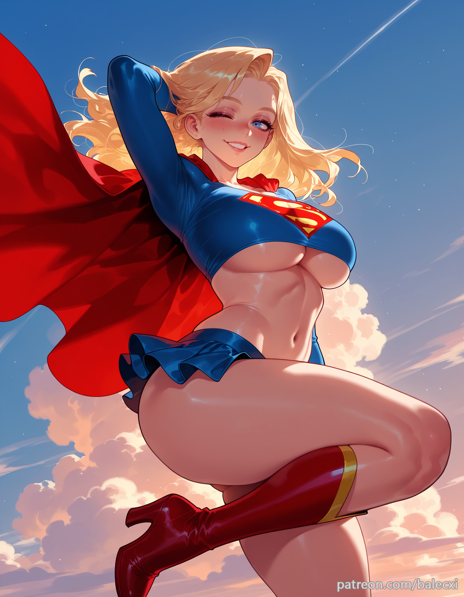 ai generated, balecxi, blonde hair, blue eyes, blue skirt, boots, breasts, cloud, crop top, dc, dc comics, female, high heels, kara zor-el, large breasts, long hair, looking at viewer, navel, one eye closed, red cape, sky, smile, solo, supergirl, supergirl (series), superman (series), thighs, underboob