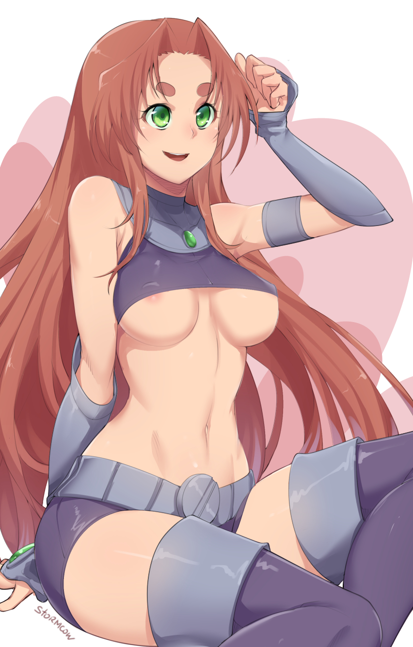 1girls, alien, alien girl, areola slip, belly, boots, breasts, crop top, dc, dc comics, female, gauntlets, green eyes, large breasts, legwear, long hair, navel, nipples, open mouth, orange hair, orange skin, skin tight, solo, solo focus, starfire, stormcow, teen titans, teeth, tongue, underboob