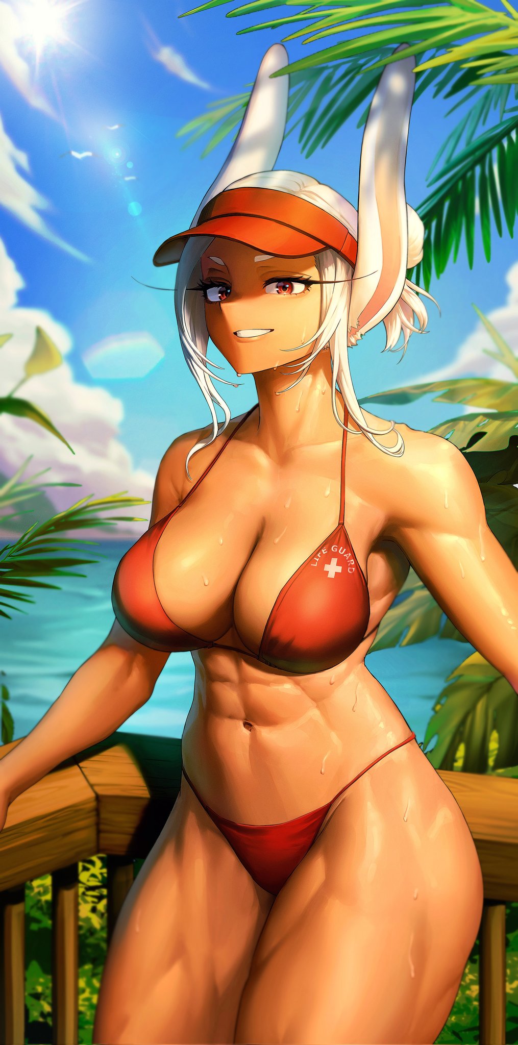 166 172 (artist), abs, against railing, alternate costume, animal ears, big breasts, bikini, blue sky, boku no hero academia, breasts, cleavage, clothes writing, cloud, cloudy sky, collarbone, dark skin, dark-skinned female, female, hair bun, highres, large breasts, lifeguard, long eyelashes, long hair, looking at viewer, miruko, my hero academia, navel, outdoors, palm tree, parted bangs, parted lips, rabbit ears, rabbit girl, railing, red bikini, red eyes, red visor, rumi usagiyama, sidelocks, sky, smile, solo, stomach, sunlight, sweat, swimsuit, thick thighs, thighs, toned, toned female, tree, water, white cross, white hair, wooden railing