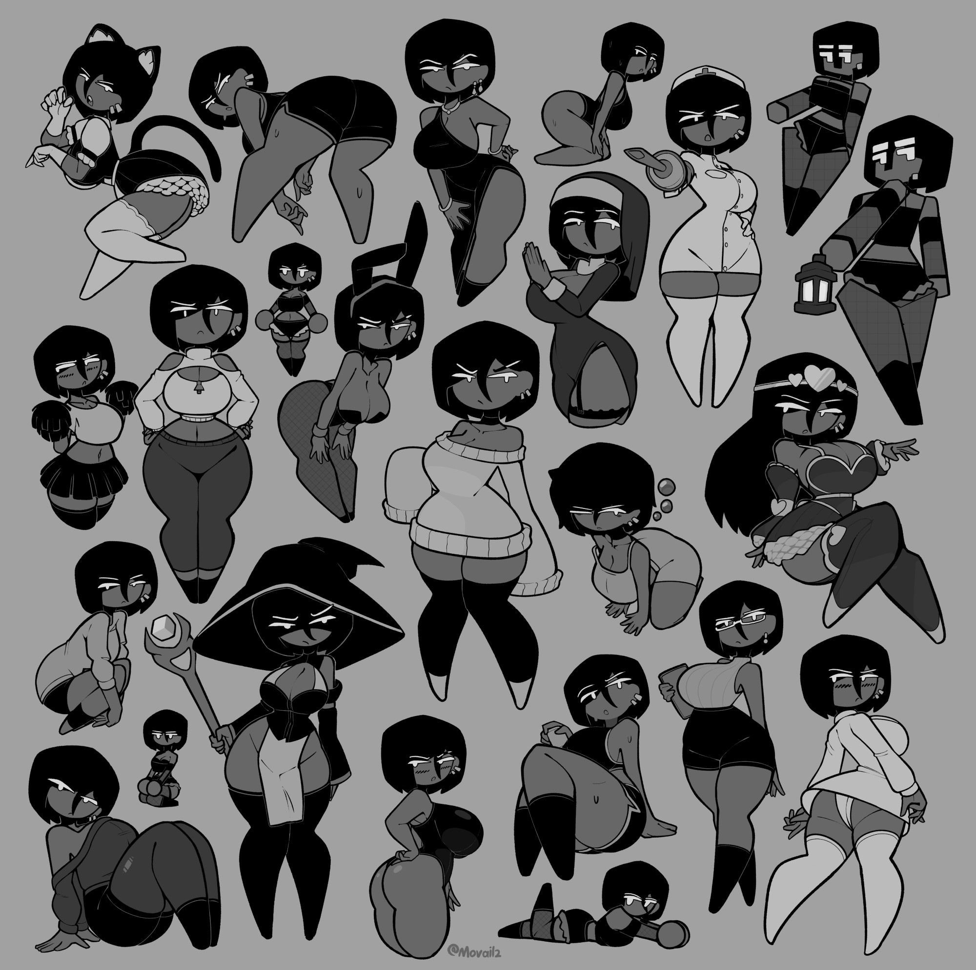 ass, breasts, curvy, different angles, different outfits, female, gigi (movailarts), goth, goth girl, mob face, monochrome, movailarts, of, panties, tagme, white eyes