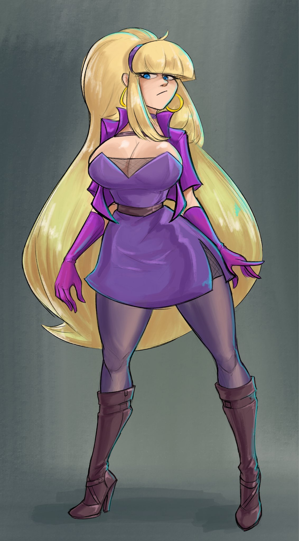 1female, 1girls, adult, adult female, aged up, ass, bangs, belt, big ass, big breasts, blonde female, blonde hair, blonde hair female, blonde-haired female, boots, breasts, brown boots, choker, cuddlesword, disney, female, female focus, female only, fishnet topwear, fishnets, gloves, gravity falls, hairband, high heel boots, high heels, hoop earrings, hourglass figure, hourglass figured female, huge breasts, long legs, looking at viewer, pacifica northwest, pantyhose, purple dress, purple gloves, purple jacket, stockings, stockings thigh highs, teasing, thick thighs, thigh highs, thighhighs, thighs, very long hair, waist belt