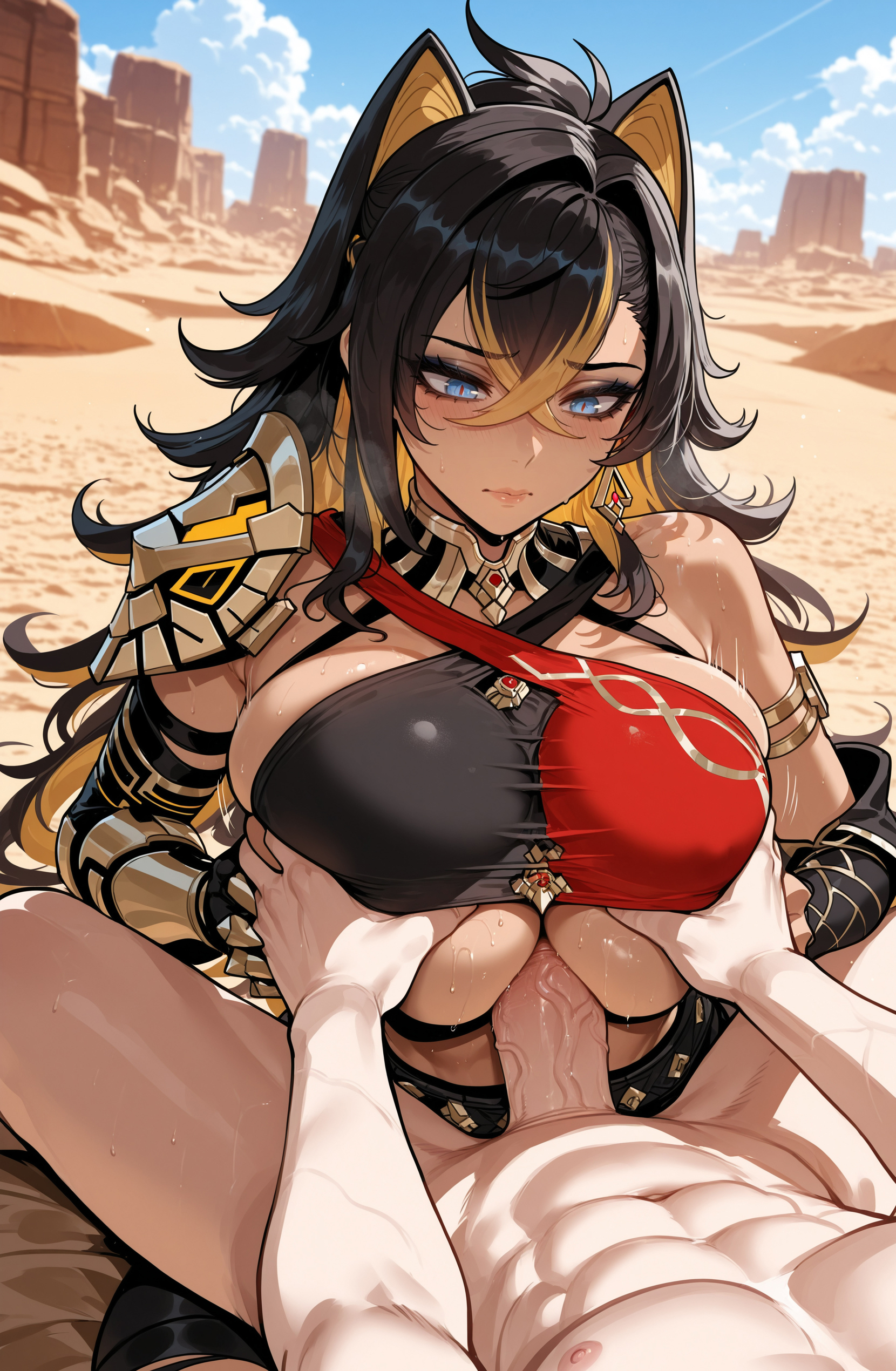 1boy, 1girls, abs, ai generated, animal ears, arm armor, armlet, armor, asymmetrical clothes, bangs, bare shoulders, between breasts, black gloves, black hair, blonde hair, blue eyes, blue sky, blush, breast press, breasts, breasts squeezed together, closed mouth, clothed female nude male, clothing, cloud, criss-cross halter, crossed bangs, curvaceous, curvaceous female, curvaceous figure, curvy, curvy figure, dangle earrings, dark skin, dark-skinned female, dark-skinned male, day, dehya (genshin impact), desert, earrings, elbow gloves, female, female focus, fingerless gloves, genshin impact, gloves, gold choker, grabbing, grabbing another's breast, groping, hair between eyes, hair ears, hair intakes, halterneck, jewelry, large breasts, long hair, male, miyuai, multicolored hair, neck ring, nipples, nude, outdoors, paizuri, paizuri under clothes, penis, perpendicular paizuri, pointy hair, shoulder armor, sky, solo focus, straddling paizuri, straight, streaked hair, sweat, uncensored, veins, veiny penis, voluptuous, voluptuous female