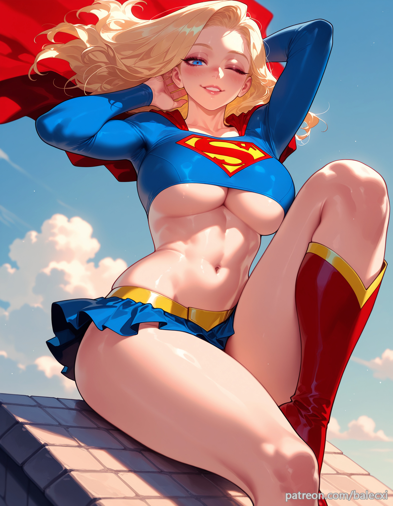 ai generated, balecxi, blonde hair, blue eyes, blue skirt, boots, breasts, cloud, crop top, dc, dc comics, female, kara zor-el, large breasts, long hair, long sleeves, looking at viewer, midriff, navel, one eye closed, outdoors, red cape, red footwear, sitting, sky, smile, solo, supergirl, supergirl (series), superman (series), thighs, underboob