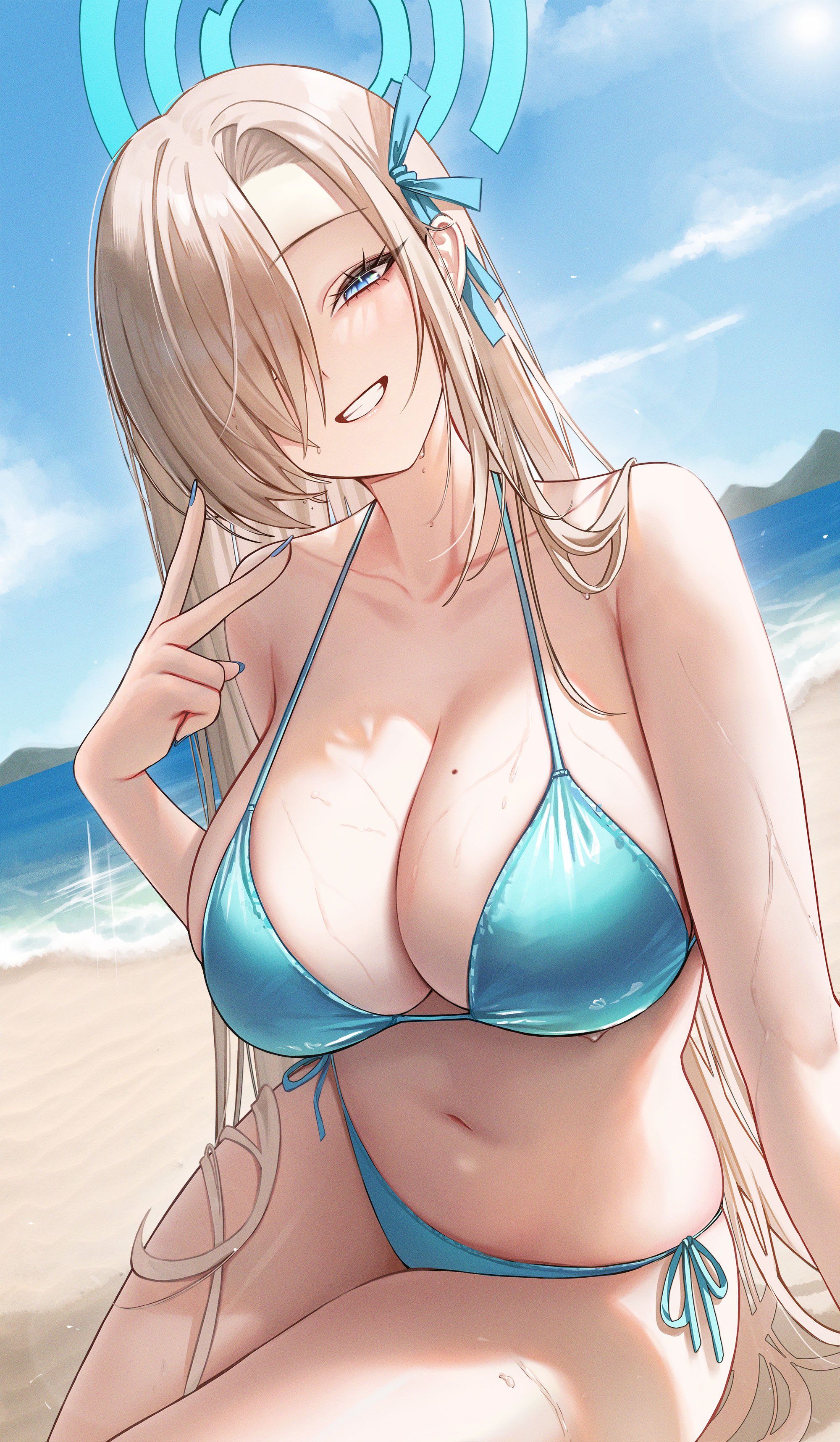 1girls, asuna (blue archive), belly, blonde hair, blue archive, blue bikini, breasts, female, large breasts, long hair, looking at viewer