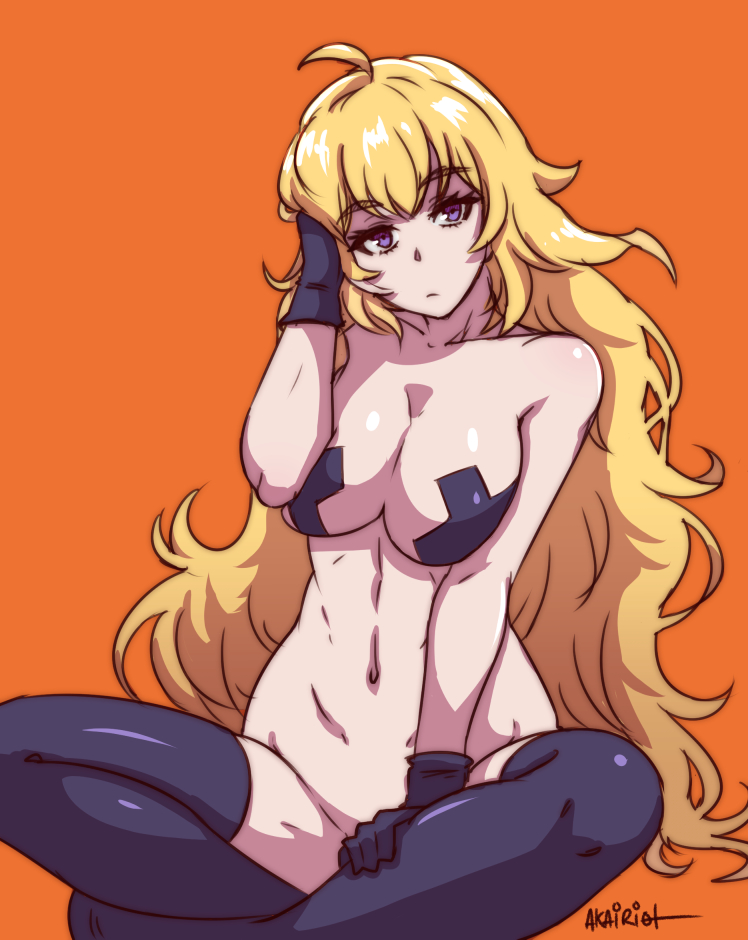 akairiot, black pasties, blonde hair, blue eyes, breasts, female, gloves, large breasts, long hair, navel, pasties, purple eyes, rwby, sitting, solo, taped nipples, thighhighs, x pasties, yang xiao long