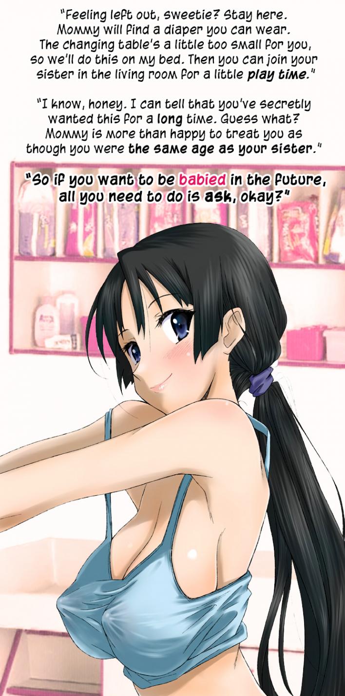 age regression, big breasts, breasts, clothed, diaper, diaper fetish, female, mommy, text