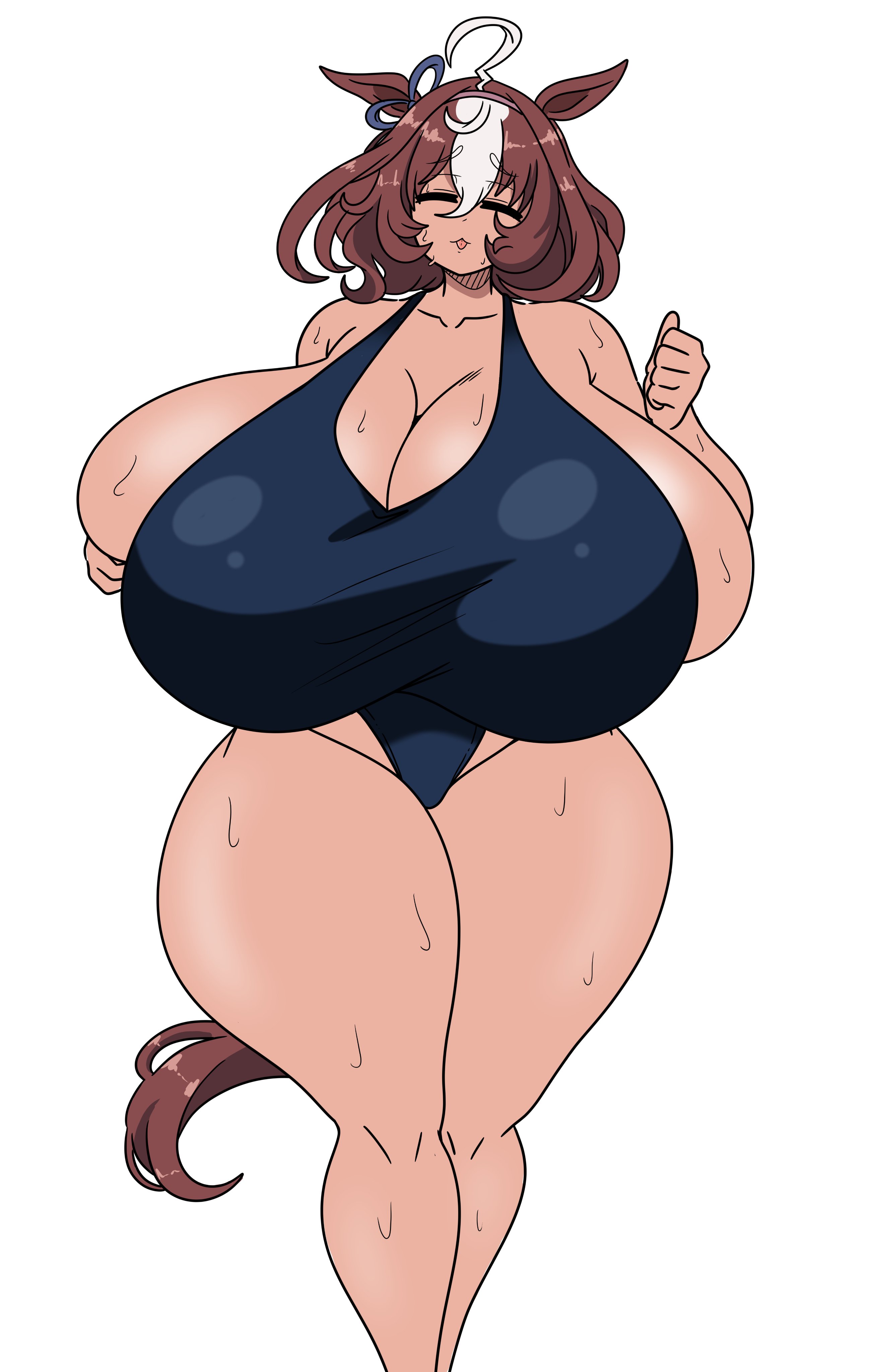 absurdres, alternate breast size, animal ears, bouncing breasts, breasts, brown hair, cleavage, closed eyes, female, hair between eyes, highres, hood, horse ears, horse girl, huge breasts, inakotho, long hair, long sleeves, looking at viewer, meisho doto (umamusume), navel, skindentation, solo, standing, swimsuit, thighs, umamusume