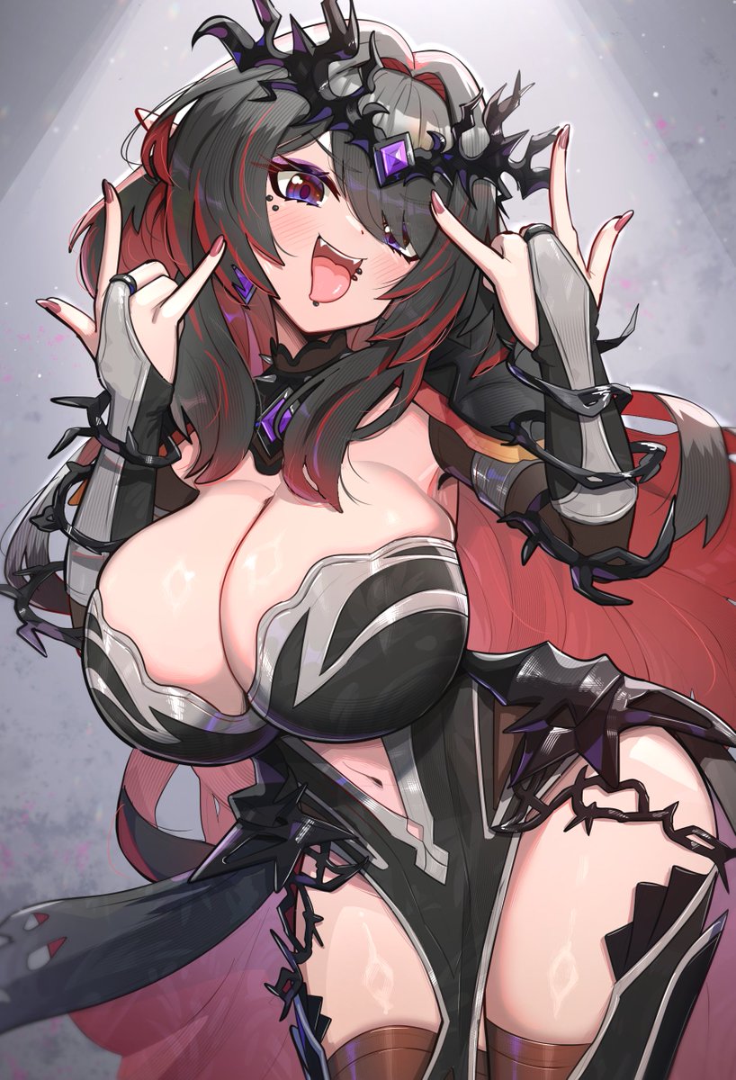 1girls, big breasts, black dress, black hair, black outfit, breasts, elara (vtuber), elf, elf ears, elf female, female, gonzarez, hips, jewelry, light skin, light-skinned female, piercing, pink nails, punk, purple eyes, red hair, rockstar, teeth, thick thighs, thighs, tiara, tongue, tongue out, virtual youtuber, vtuber, vtuberfanart, white skin