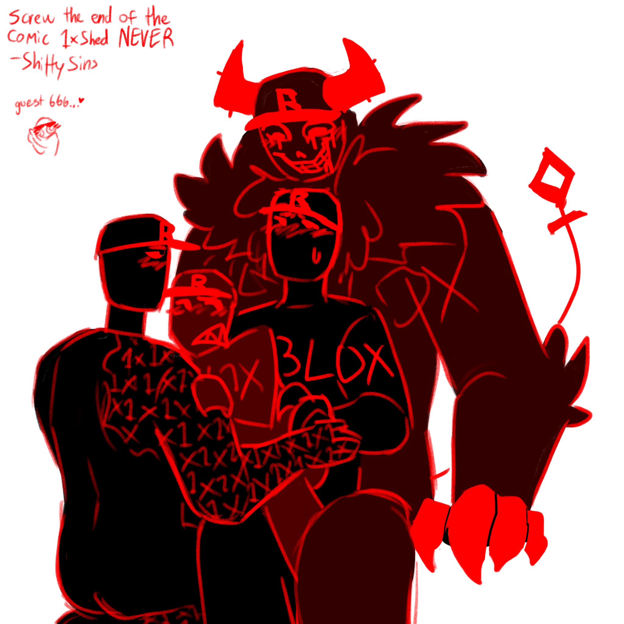 black body, blush, cap, clawed fingers, claws, drawing, forsaken (roblox), foursome, grin, grinning, guest (roblox), guest 666, guest 666 (forsaken), guest 666 (hjd), guest 666 (tr:ud), hat, hello john doe, horns, neck fur, no background, no mouth, penetrating while penetrated, penetration, penetration from behind, red eyes, roblox, roblox game, roblox hacker, roblox myth, robloxian, self upload, sex, sharp teeth, shittysins, size difference, tail, the robloxia: until dawn, white background