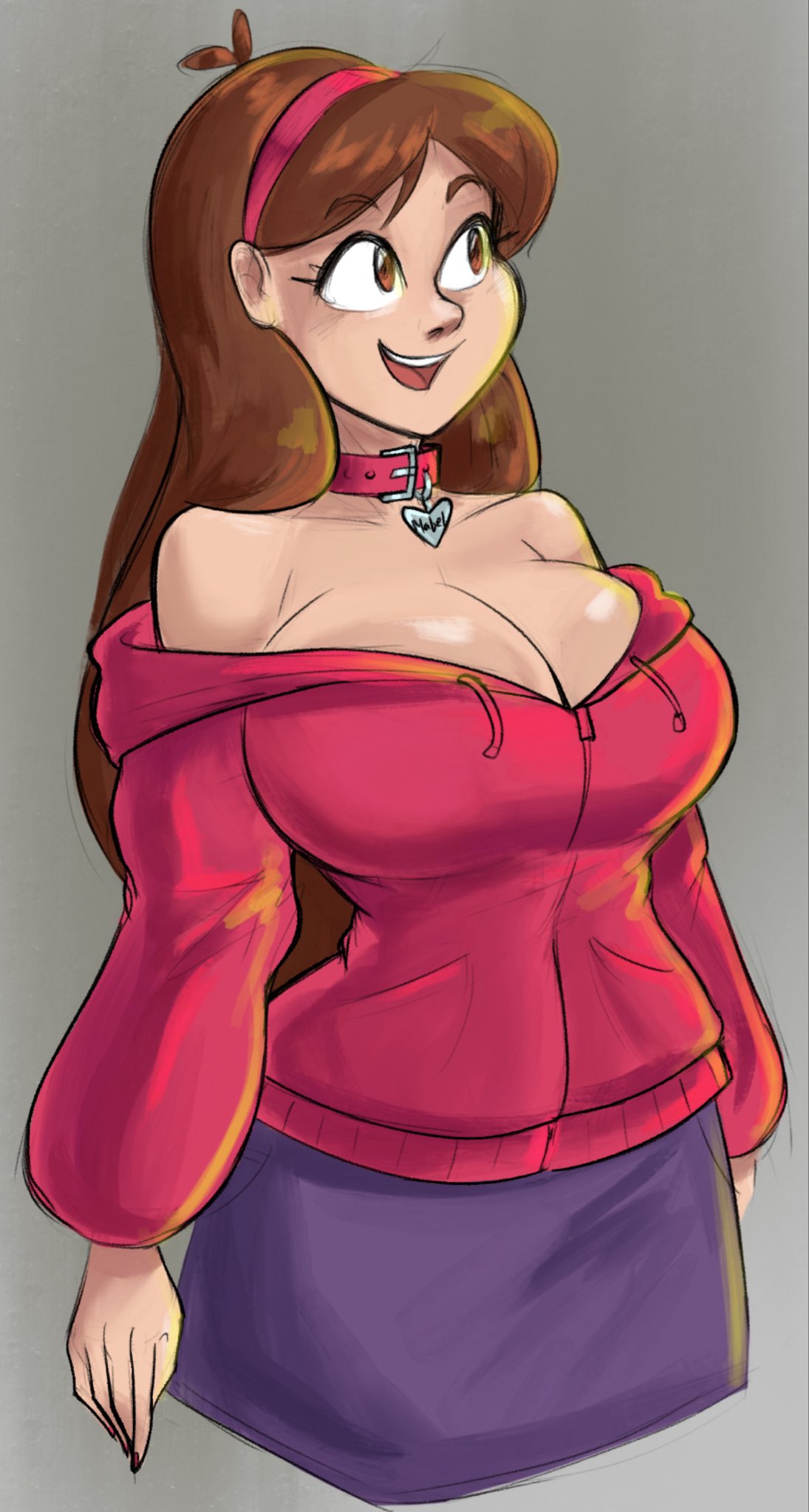 1girls, bare shoulders, big breasts, breasts, brown eyes, brown hair, busty, choker, cuddlesword, disney, female, female only, gravity falls, headband, hoodie, huge breasts, human, large breasts, large tits, light-skinned female, long hair, looking up, mabel pines, simple background, skirt, smile, smiling, very long hair