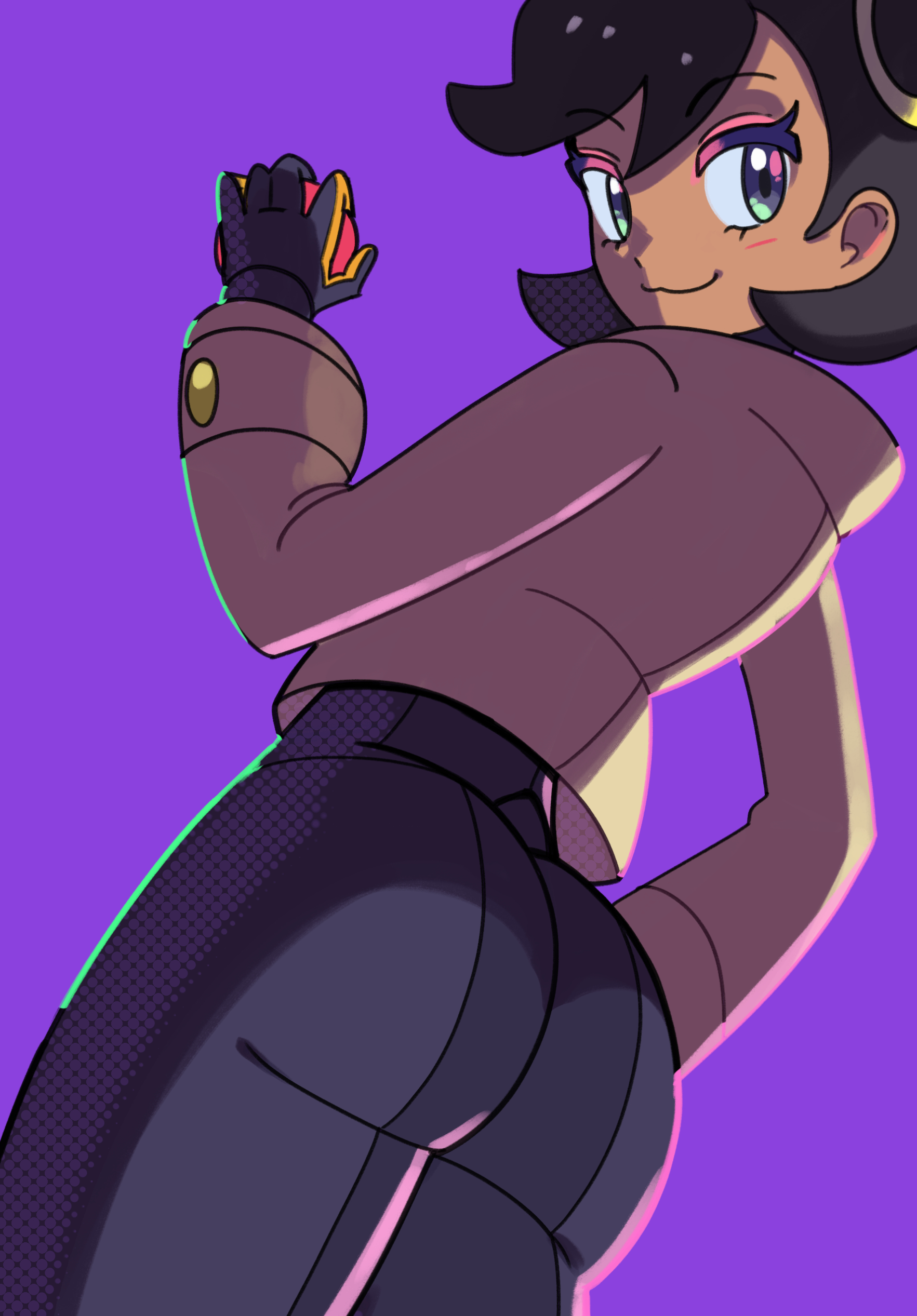 1girls, ass, big ass, black bodysuit, black hair, bodysuit, bubble butt, dark skin, dark-skinned female, emma (pokemon legends: z-a), emma (pokemon), female, female only, from behind, game freak, jacket, looking at viewer, matiere (pokemon legends: z-a), matiere (pokemon), navietta, nintendo, pokemon, pokemon legends: z-a, purple eyes, simple background, skin tight, solo, tomboyish