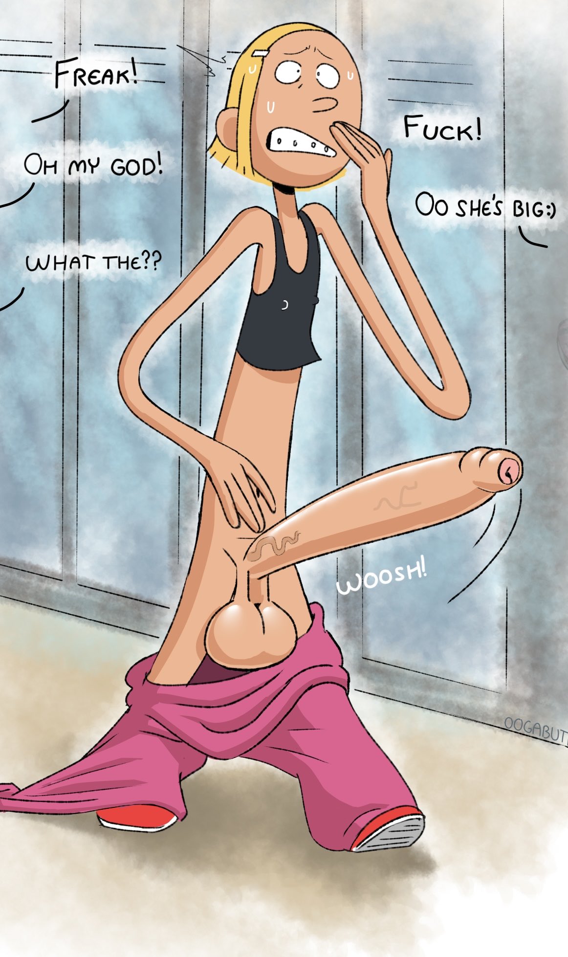 1futa, accidental exposure, balls, ballsack, belly, belly button, big balls, big cock, big penis, blonde hair, cartoony, cock, crop top, foreskin, futanari, genitals, huge cock, intersex, karine, les nombrils, long penis, nipple bulge, nipples, nipples visible through clothing, oogabutt, pants, pants down, penis, public, public exposure, public nudity, short haire, style parody, sweat, sweatddrop, the bellybuttons, uncircumcised, urethra