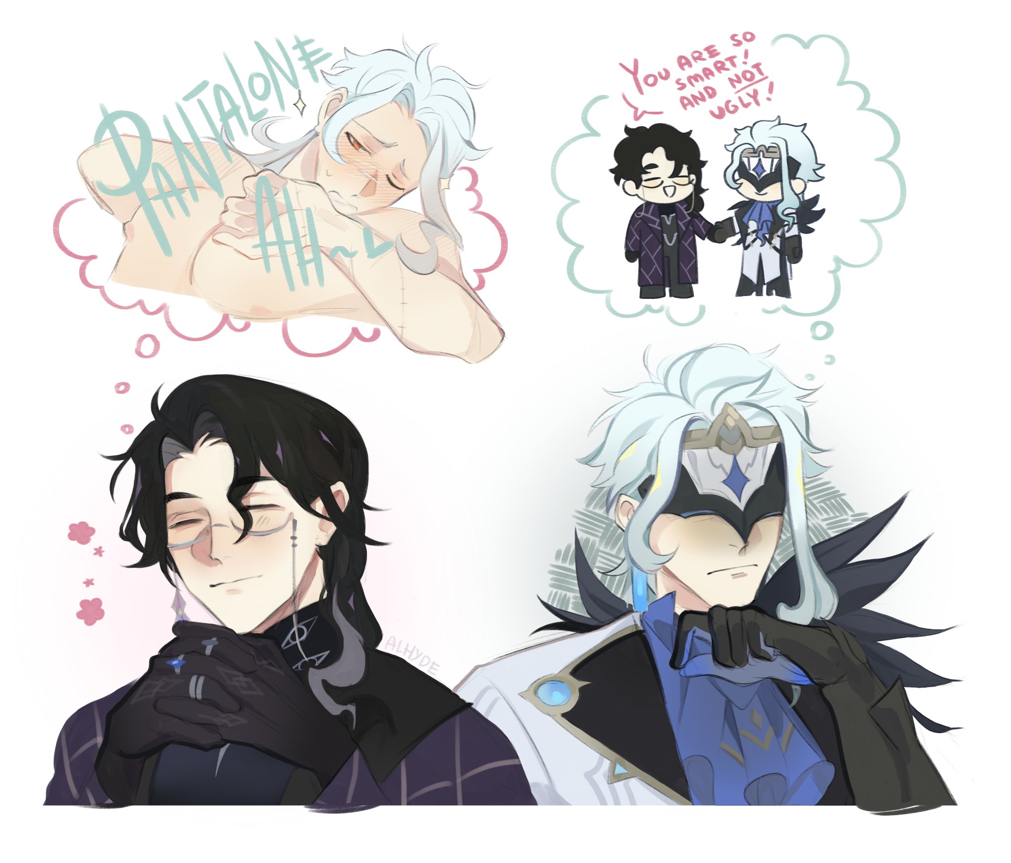 2boys, black hair, blue hair, dottolone, dottore (genshin impact), fantasizing, gay, genshin impact, glasses, imagining, male, male only, pantalone (genshin impact), scar, thought bubble, yaoi