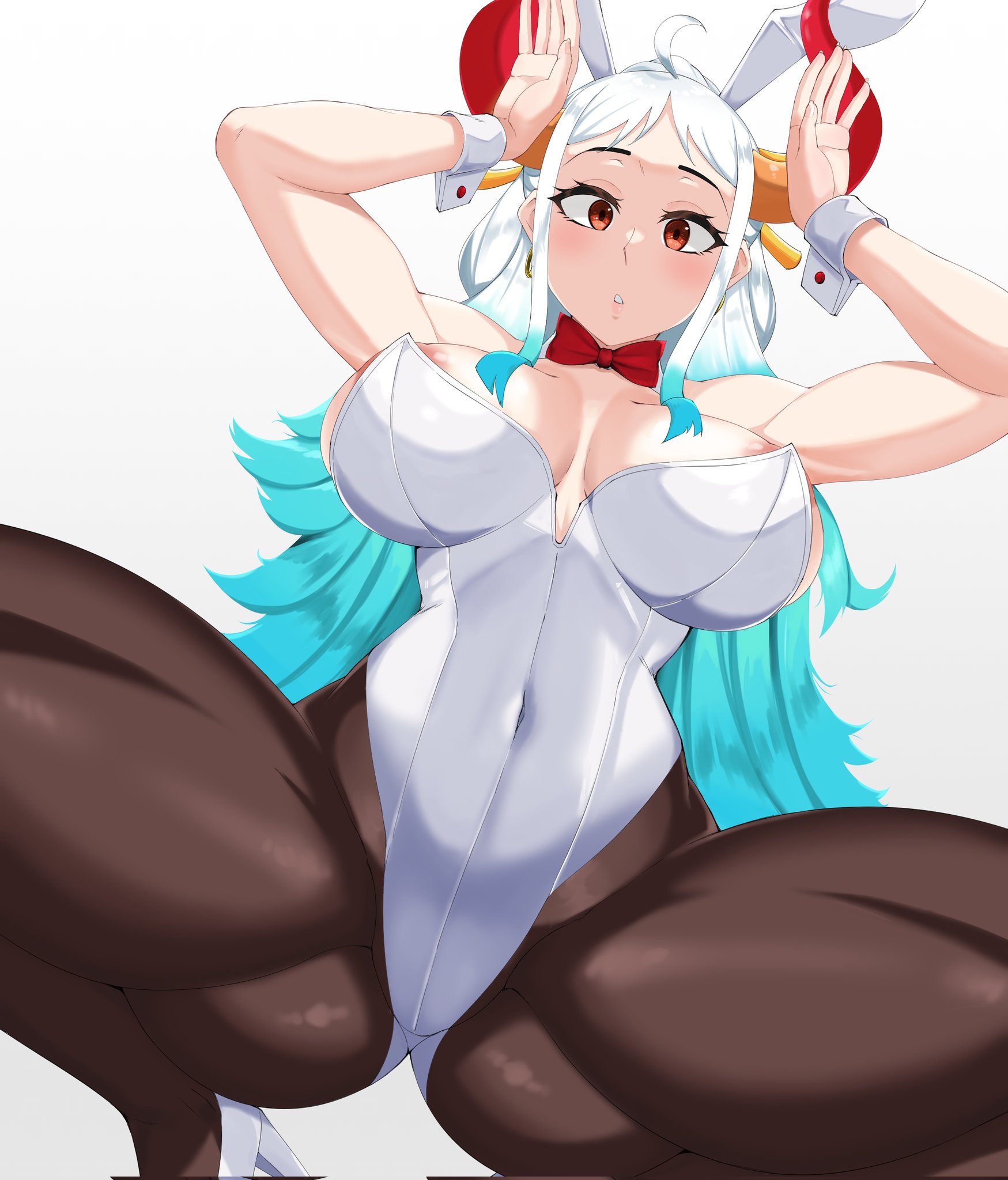 1girl, animal ears, big breasts, black legwear, bow, bowtie, breasts, bunny ears, bunny girl, bunnysuit, clarkekitsp, cleavage, clothing, covered navel, detached collar, fake animal ears, female, female only, high heels, large breasts, leotard, long hair, looking at viewer, multicolored hair, one piece, pantyhose, red bow, red eyes, solo, spread legs, tail, thick thighs, white hair, white leotard, wrist cuffs, yamato (one piece)