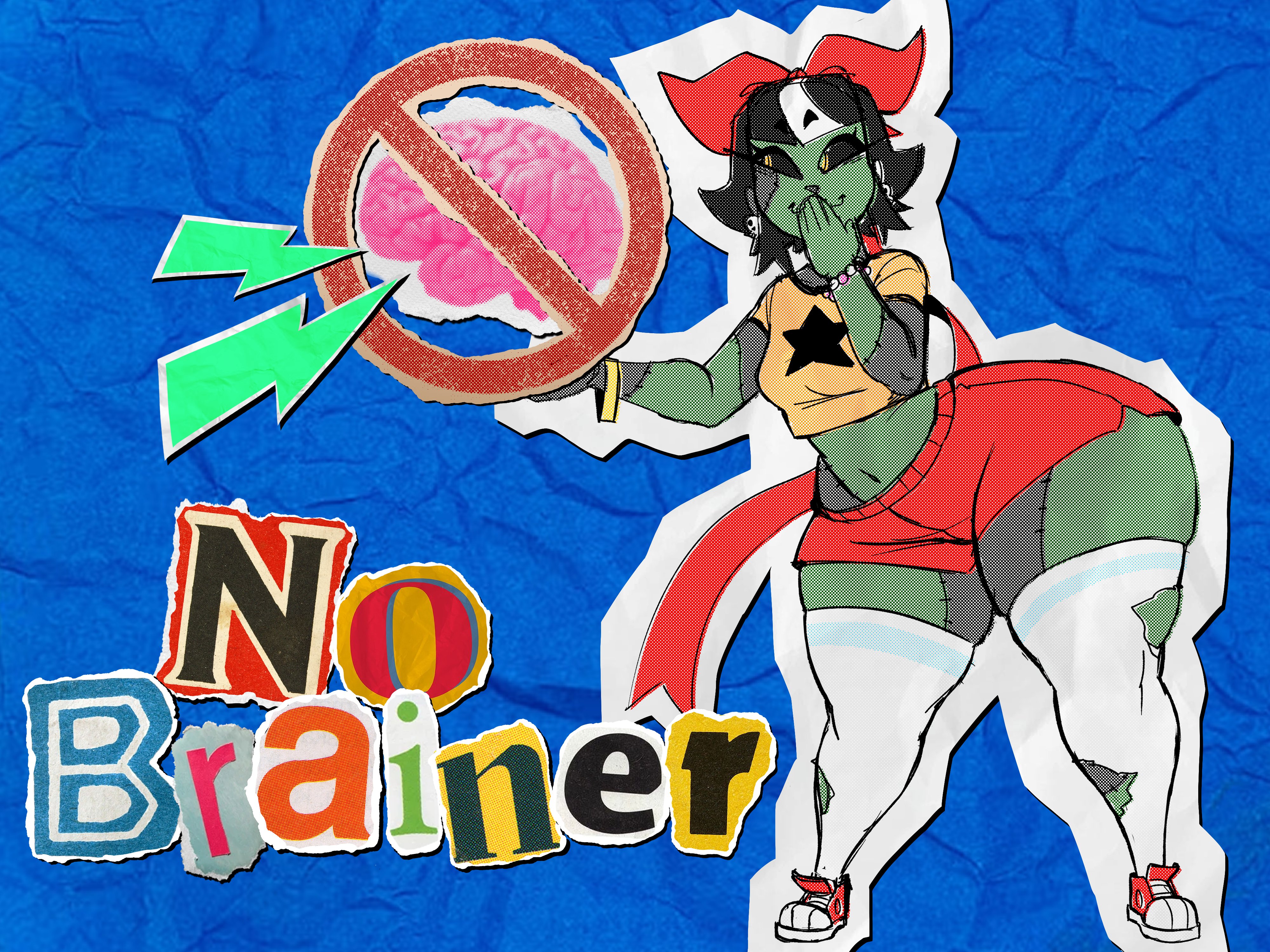 big butt, big thighs, brain, brawl stars, elpiromanias, female, giggling, hand over mouth, huge ass, huge butt, laughing, melodie (brawl stars), paper, shorts, solo, thick thighs, tight shorts, wide hips, zombie, zombie girl