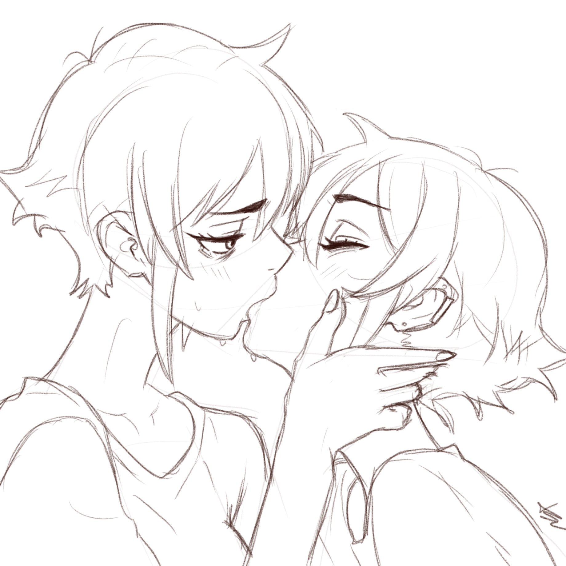 2girls, breasts, female, long bangs, selfcest, short hair, small breasts, tomboy, tsuicaa, wolf cut, yuri