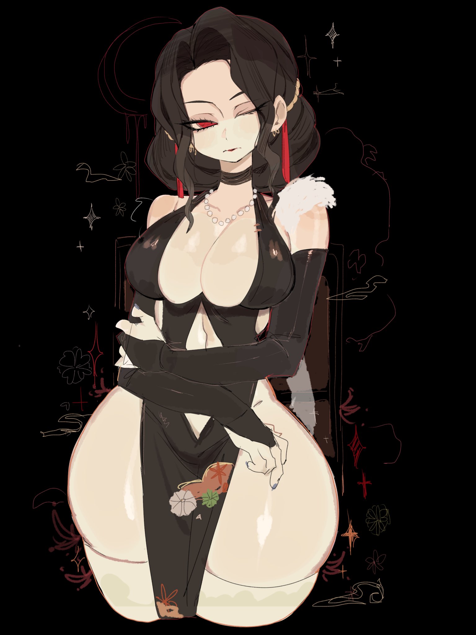 armwear, big breasts, black hair, breasts, demon slayer, female, female muzan, female only, genderswap (mtf), kimetsu no yaiba, muzan kibutsuji, necklace, red eyes, rule 63, simple background, thick thighs, thighhighs, usa37107692
