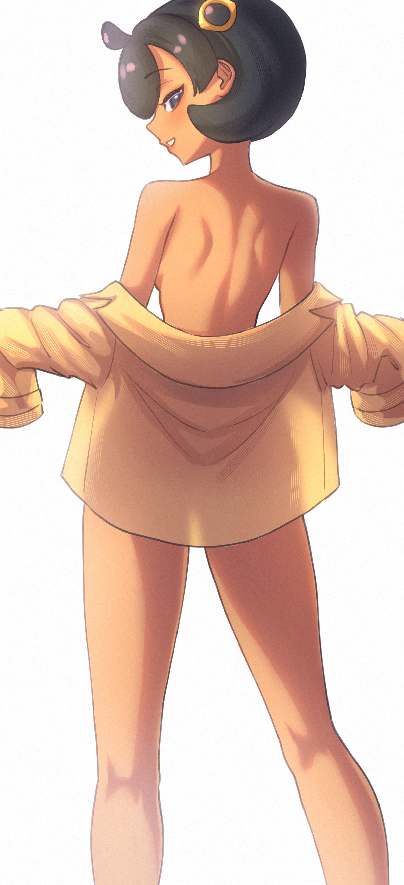 1girls, back, black hair, dark-skinned female, emma (pokemon legends: z-a), emma (pokemon), female, from behind, game freak, hair ornament, looking at viewer, looking back, matiere (pokemon legends: z-a), matiere (pokemon), nintendo, nude, nude female, pokemon, pokemon legends: z-a, sher (imnotsher), short black hair, smile, solo, tagme, tomboyish