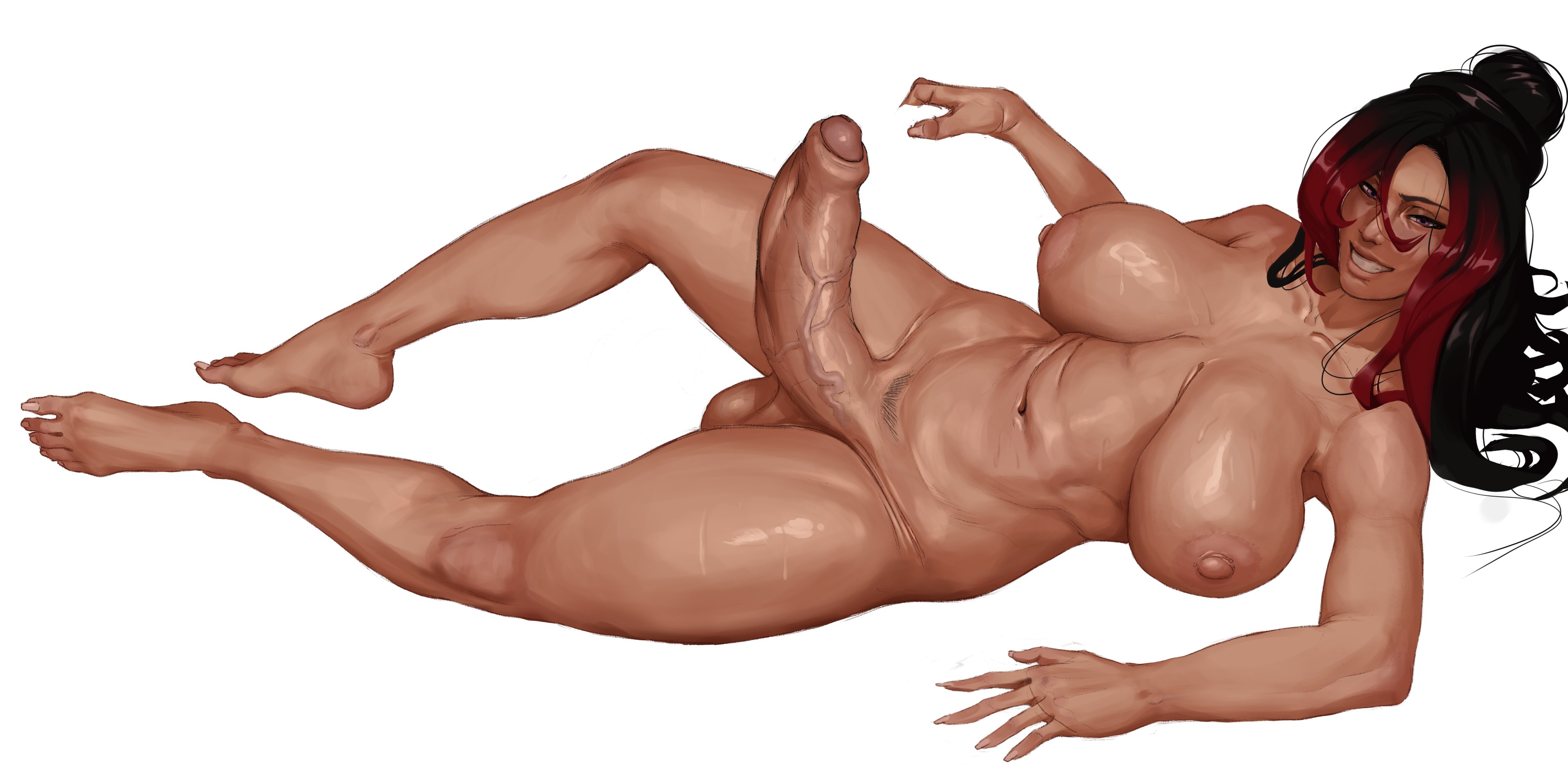 1futa, barefoot, big breasts, big penis, canon futa, completely nude, erect penis, erection, futa only, futanari, kono subarashii sekai ni shukufuku wo!, laying down, long hair, mammal humanoid, meloune, nude, nude futa, smile, smiling, solo, sylvia (konosuba), thicc thighs, two tone hair, veiny penis, white background