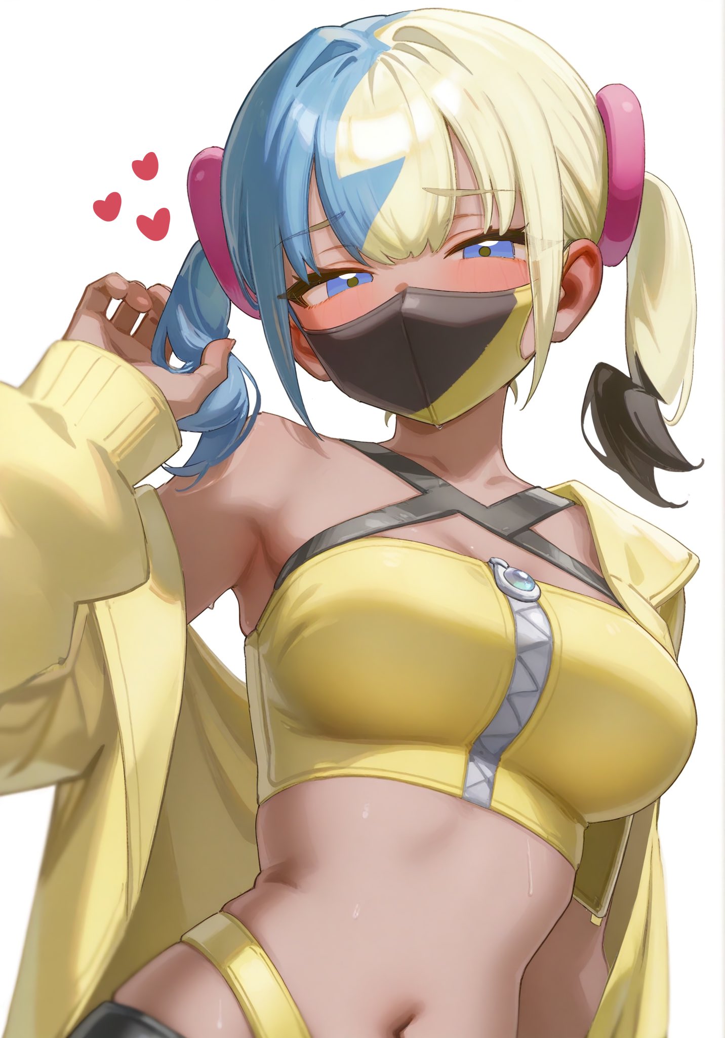 1girls, ai generated, aqua hair, bandeau, big breasts, black mask, blonde hair, breasts, canari (pokemon), canary (pokemon), collarbone, criss-cross halter, crop top, female, game freak, halterneck, jacket, looking at viewer, mask, mouth mask, multicolored hair, nintendo, open clothes, open jacket, pokemon, pokemon legends: z-a, split-color hair, two-tone hair, two-tone mask, yellow jacket, yellow mask, yunka117