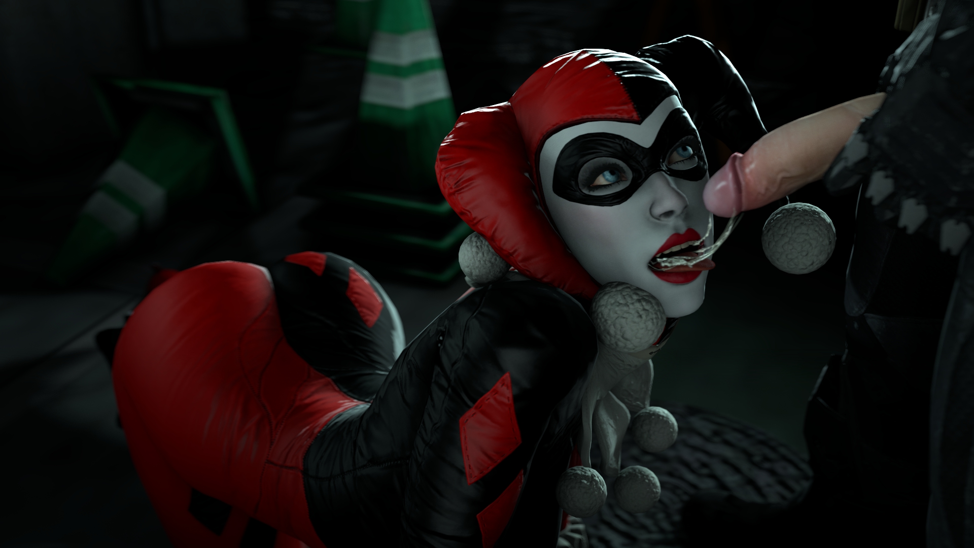 1boy, 1girls, 3d, ass, batman, batman (bruce wayne), batman (series), batman: arkham knight, blue eyes, bodysuit, bruce wayne, cap, cum, cum on tongue, dc, dc comics, domino mask, enemies, enemies with benefits, facepaint, facial mark, female, harley quinn, harley quinn (arkham knight), harley quinn (arkham), harley quinn (classic), jester cap, lips, lipstick, male, mask, open mouth, penis, ragingretard, red lips, red lipstick, source filmmaker, teeth, tongue, tongue out