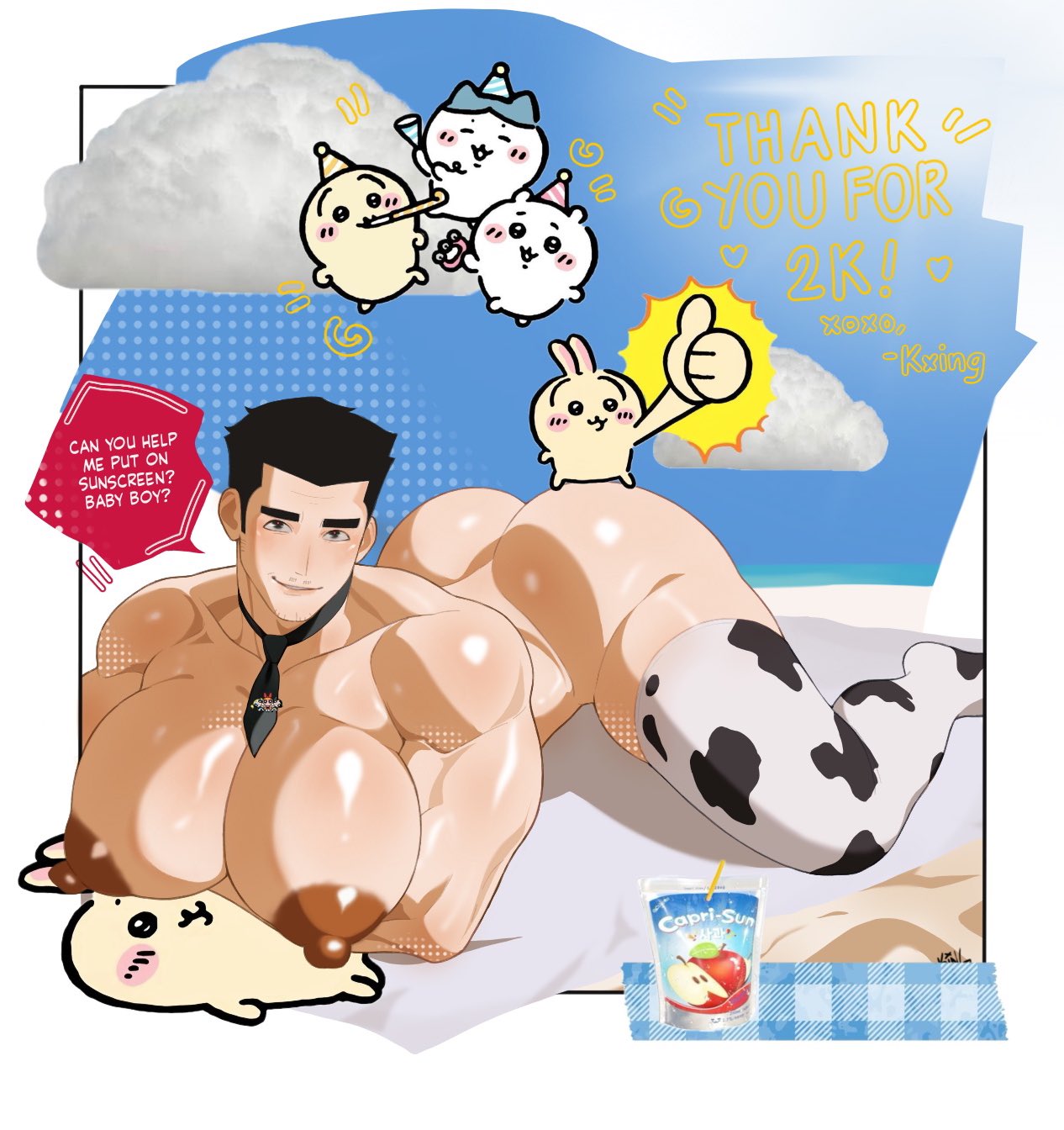 1boy, badonkadonks, bara, bara tiddies, bara tits, beach, big breasts, big pecs, blue sky, blush, breasts, caprisun, chiikawa, cow socks, dadbulge, dadpecs, delicious, fat ass, femboy, femboy dilf, feminine male, glistening body, handsome, himbo, himbofication, huge breasts, huge chest, huge nipples, kxing, large breasts, lust, male, male breasts, male focus, male only, male with breasts, masc to fem, moobs, muscles, muscular, muscular arms, muscular back, muscular legs, muscular male, naked, naked male, neck tie, nipple bulge, nipples, oiled body, professor utonium, puffy nipples, sand, sexy pose, slutboy, slutification, summer, sunbathing, sunscreen, tease, white skin, yaoi