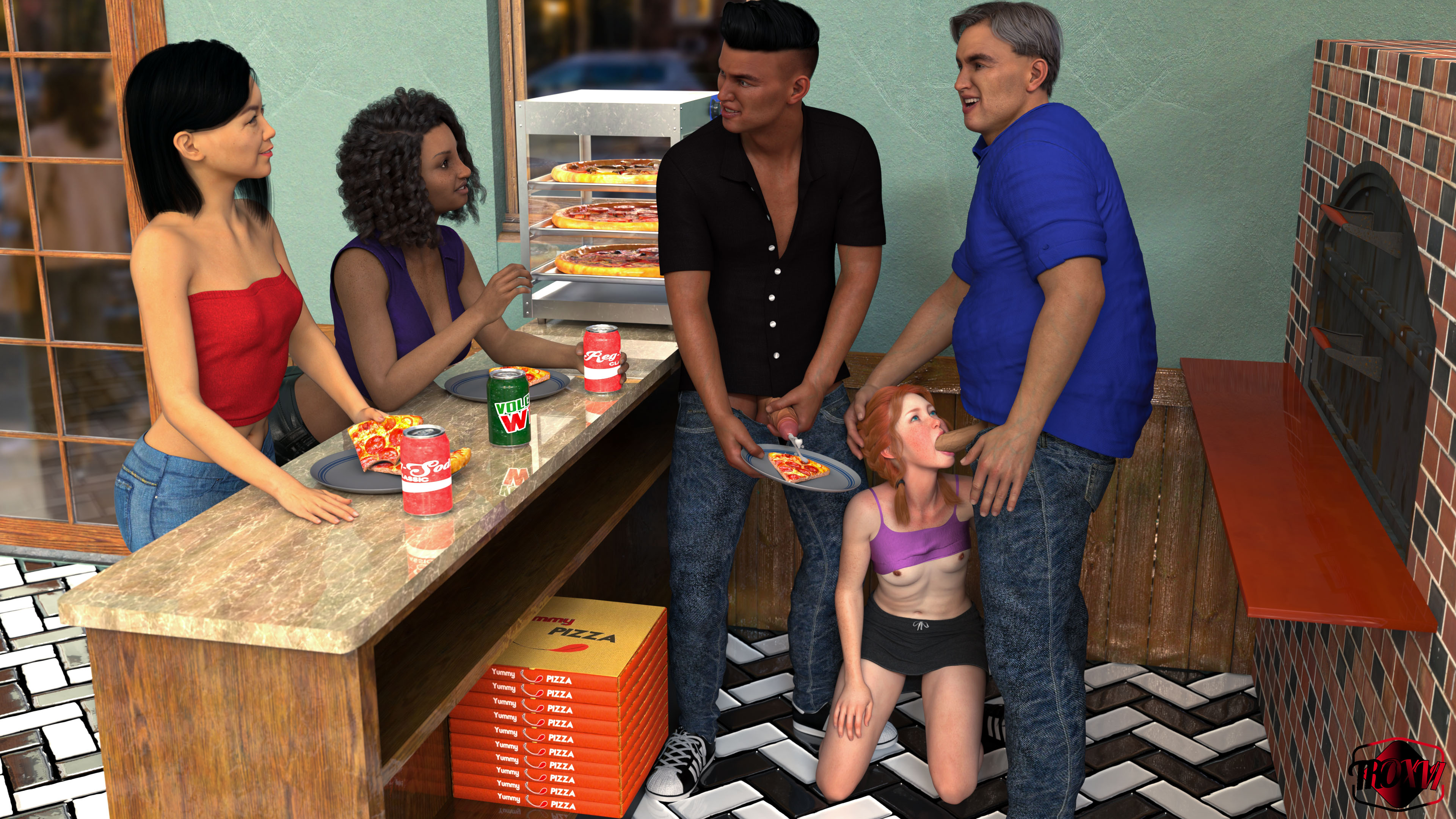 2boys, 3d, 3girls, age difference, asian, asian female, behind the counter, being watched, blowjob, blue eyes, breasts, breasts out, caucasian, caucasian female, caucasian male, cum, cum on food, dark skin, dark-skinned female, ejaculation, erection, fat male, fellatio, female, freckles, hana (troxvi), hand on another's head, human, human on human, human only, indoors, kneeling, kneeling oral position, light skin, light-skinned female, light-skinned male, male, male masturbation, masturbating, masturbating while watching, masturbation, mmf threesome, multiple boys, nipples, no bra, no hand blowjob, old male, older male, oral, oral sex, original character, penis, petite, petite body, petite female, pizza, pizza box, pizza shop, pizza slice, public, public nudity, public sex, red hair, red-haired female, redhead, redhead female, rori collins (troxvi), self upload, shirt, shirt up, small breasts, soda, soda can, straight, straight sex, teen, teenage female, teenage girl, teenager, threesome, tianna (troxvi), troxvi, watching, watching sex, young, young female, younger female