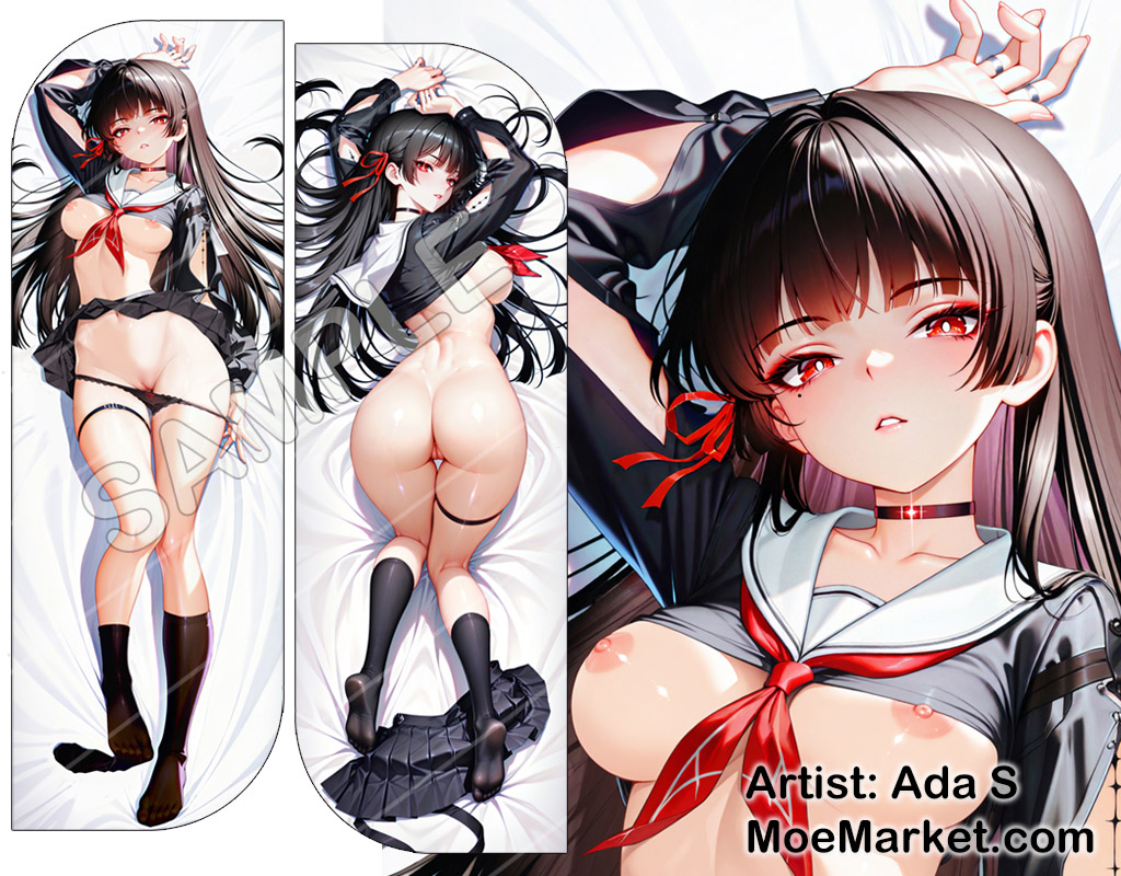 ada s, ai, ai generated, barefoot, black hair, black shirt, black skirt, breasts, chisa (wuthering waves), dakimakura, dakimakura design, female, hair ribbon, long hair, looking at viewer, medium breasts, nipples, red eyes, white pupils, wuthering waves