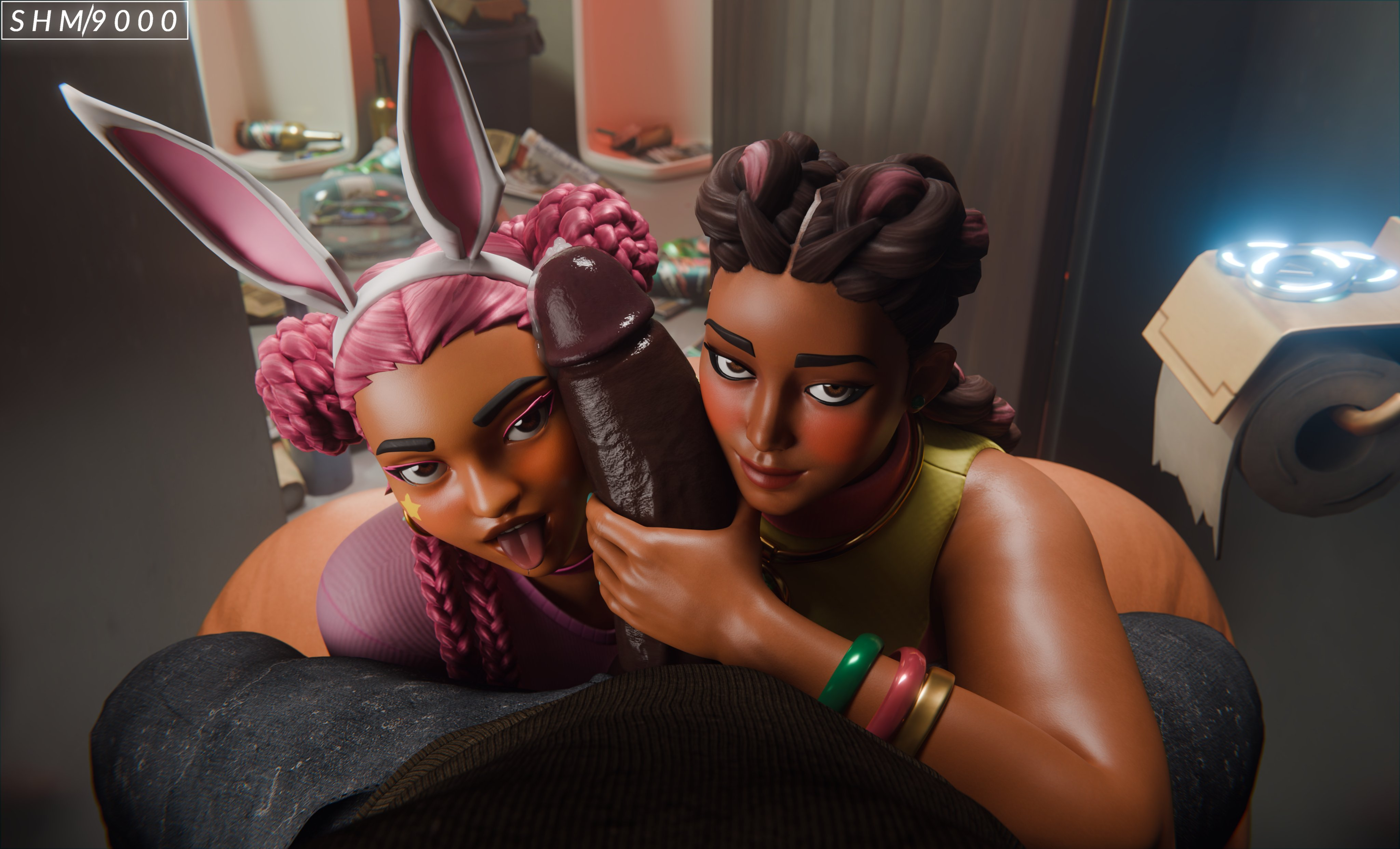 1boy2girls, 2girls, 2girls1boy, 3d, big ass, big breasts, big penis, black body, breasts, brown body, chocolate girl, codi cottontail, dark-skinned male, ebony, ebony female, female, fortnite, leilani (fortnite), male, nude, penis, pink hair, semi nude, superhentaimaster9000, tagme