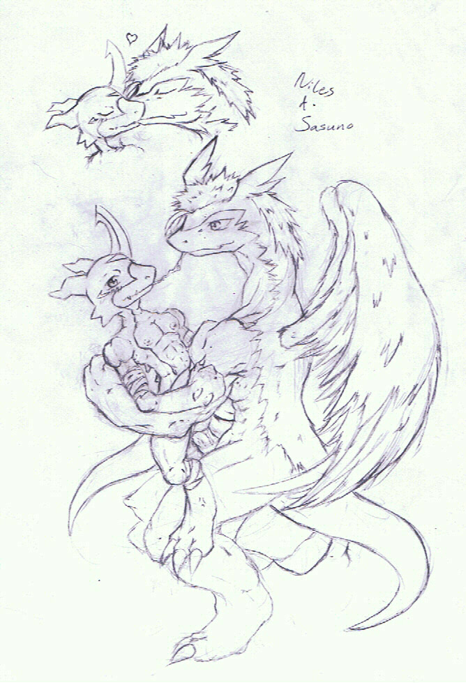 2010 anal anal_insertion anal_sex claws closed_eyes crossover digimon dragon drooling english_text feathers flamedramon fur furred_dragon hair heart horn insertion kissing legendz long_hair monochrome muscular nipples penetration penis ranshiin saliva scalie simple_background size_difference sketch text tigerlilylucky toe_claws traditional_media_(artwork) white_background wings