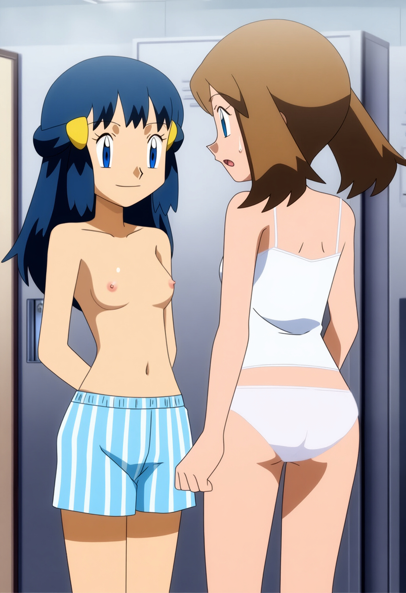 ai generated, dawn (pokemon), female, looking at each other, may (pokemon), pokemon, sweating, topless, trunks (clothing), two females, underwear, underwear only