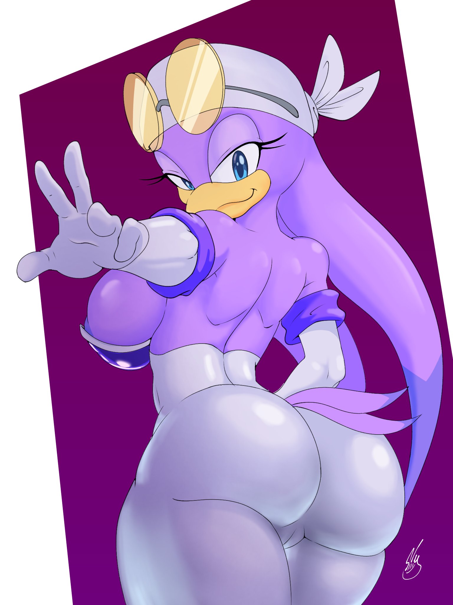 1girls, areolae, ass, barely sly, breasts, bubble ass, bubble butt, cameltoe, glasses, glasses on head, high quality, high resolution, highres, looking at viewer, looking back, rouge the bat (cosplay), side view, sonic (series), sonic the hedgehog (series), tight clothes, tight clothing, tight fit, wave the swallow