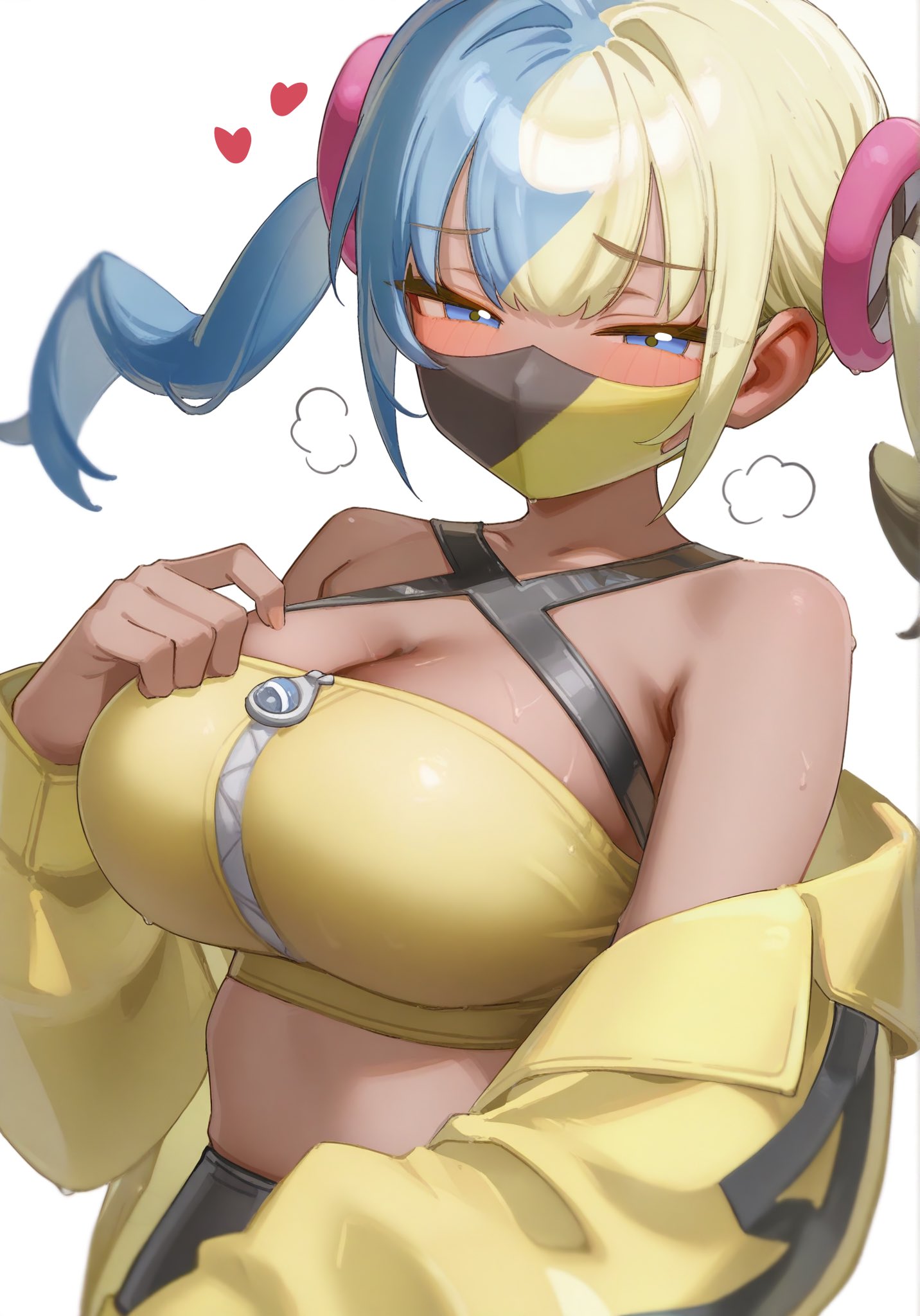 1girls, ai generated, aqua hair, bandeau, big breasts, black mask, blonde hair, breasts, canari (pokemon), canary (pokemon), collarbone, criss-cross halter, crop top, female, game freak, halterneck, jacket, looking at viewer, mask, mouth mask, multicolored hair, nintendo, open clothes, open jacket, pokemon, pokemon legends: z-a, split-color hair, two-tone hair, two-tone mask, yellow jacket, yellow mask, yunka117
