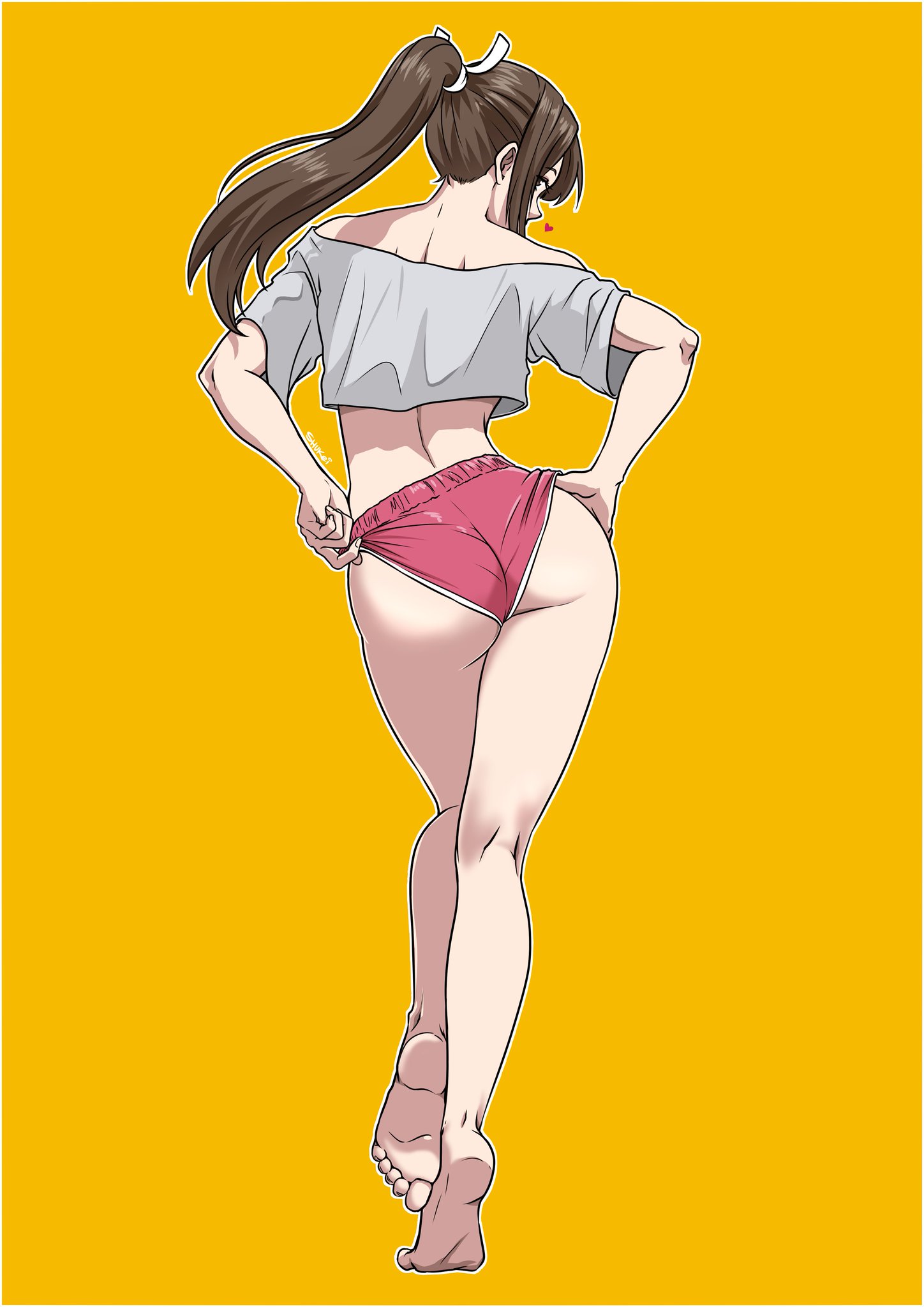 1girls, 2025, 2d, 2d (artwork), artist name, ass, ass hanging out of shorts, barefoot, booty shorts, brown eyes, brown hair, butt, clothed, clothing, crop top, fatal fury, feet, female, female only, gold background, gym shorts, heart, human, human only, long hair, looking at viewer, looking back, mai shiranui, mai shiranui (casual), pale skin, pale-skinned female, ponytail, questionable, short shorts, shorts, shukeiart, solo, solo female, street fighter, t-shirt, white border