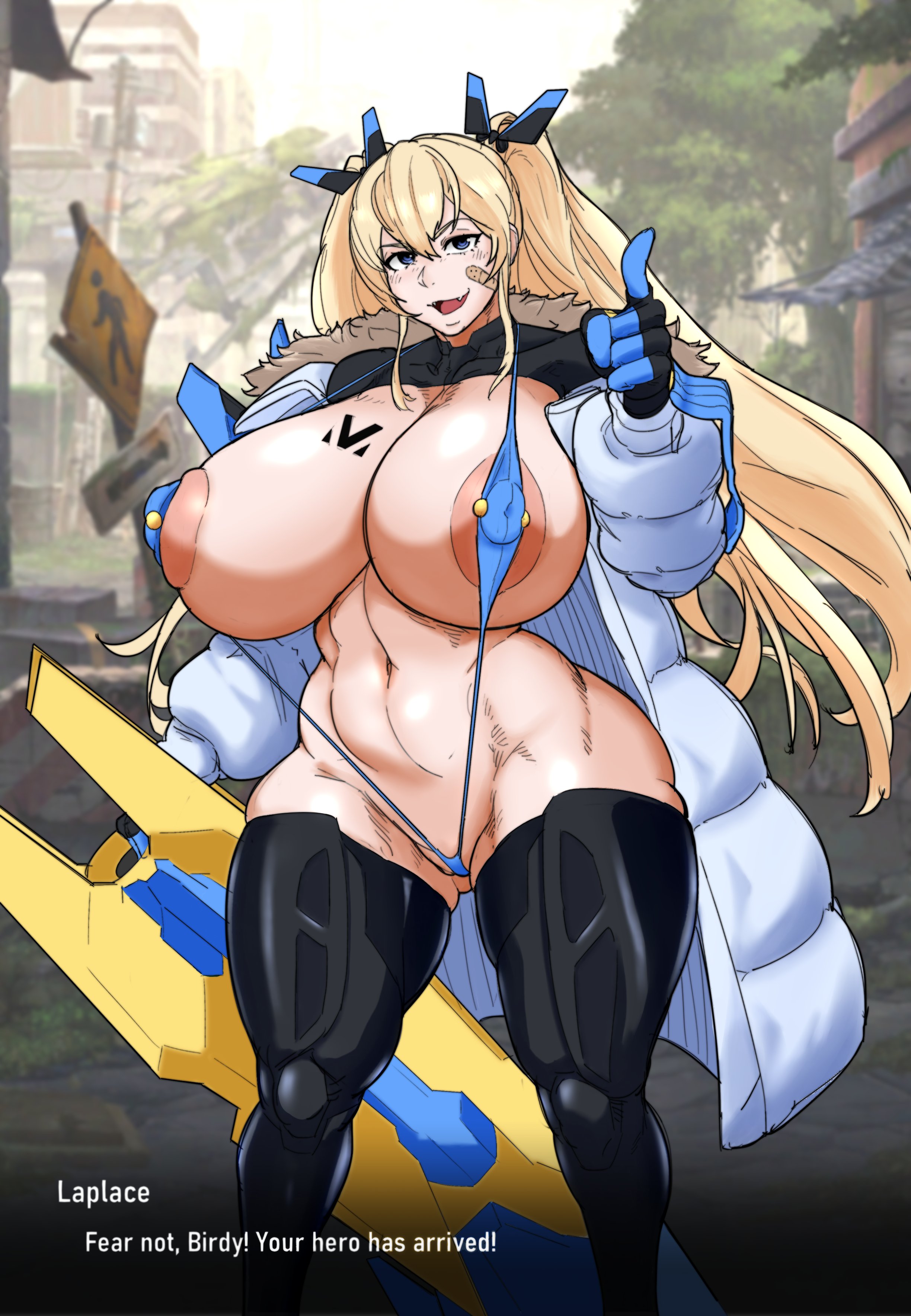 1girls, areolae, breasts, female, goddess of victory: nikke, huge breasts, laplace (nikke), looking at viewer, monochrome, nipple piercing, nipples, outdoors, piercing, ritax, sling bikini, sling swimsuit, slingshot bikini, slingshot swimsuit, smile, supersolenoid, tagme, thick thighs