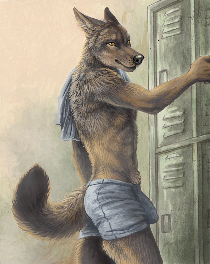 1boy anthro boxers bulge canine furry jackal locker_room male male_only mammal penis_outline rukis solo underwear