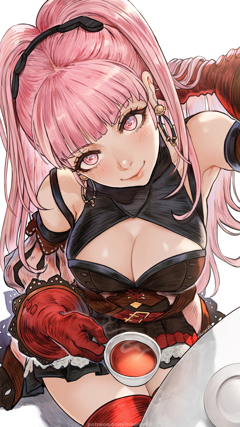 1girls, 2025, 2d, 2d (artwork), adjusting hair, arm up, artist name, belt, black skirt, breasts, cleavage, cleavage cutout, closed mouth, clothing cutout, cup, earrings, female, female only, fire emblem, fire emblem: three houses, from above, gloves, hand in own hair, highres, hilda valentine goneril, holding, holding cup, hoop earrings, jewelry, large breasts, lips, long hair, looking at viewer, magion02, miniskirt, nintendo, pink eyes, pink hair, post-timeskip, questionable, red gloves, shirt, simple background, sitting, skirt, sleeveless, sleeveless shirt, smile, solo, solo female, table, tea, teacup, thighhighs, thighs, very long hair, white background