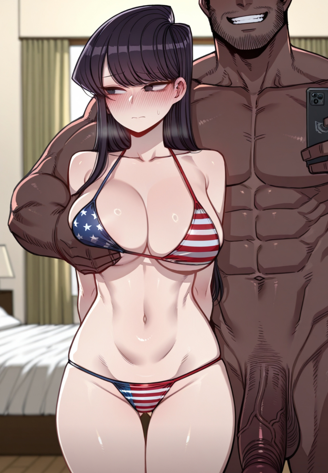1boy, ai generated, american flag bikini, arms behind back, averting eyes, beard stubble, bikini, blurry background, breast grab, breast squeeze, breasts, cheating, cheating girlfriend, clothed female nude male, cowboy shot, cuckold, dark-skinned male, dubious consent, embarrassed, erect penis, eyes out of frame, female, flaccid, frown, grin, groping, groping breasts, imminent sex, indoors, komi shouko, komi-san wa komyushou desu, large breasts, larger male, looking away, looking to the side, male, muscular, muscular male, nervous, netorare, ntr, older male, older male and younger female, out of frame censoring, penis, selfie, shy, size difference, stubble, sweatdrop, taller male, wavy mouth