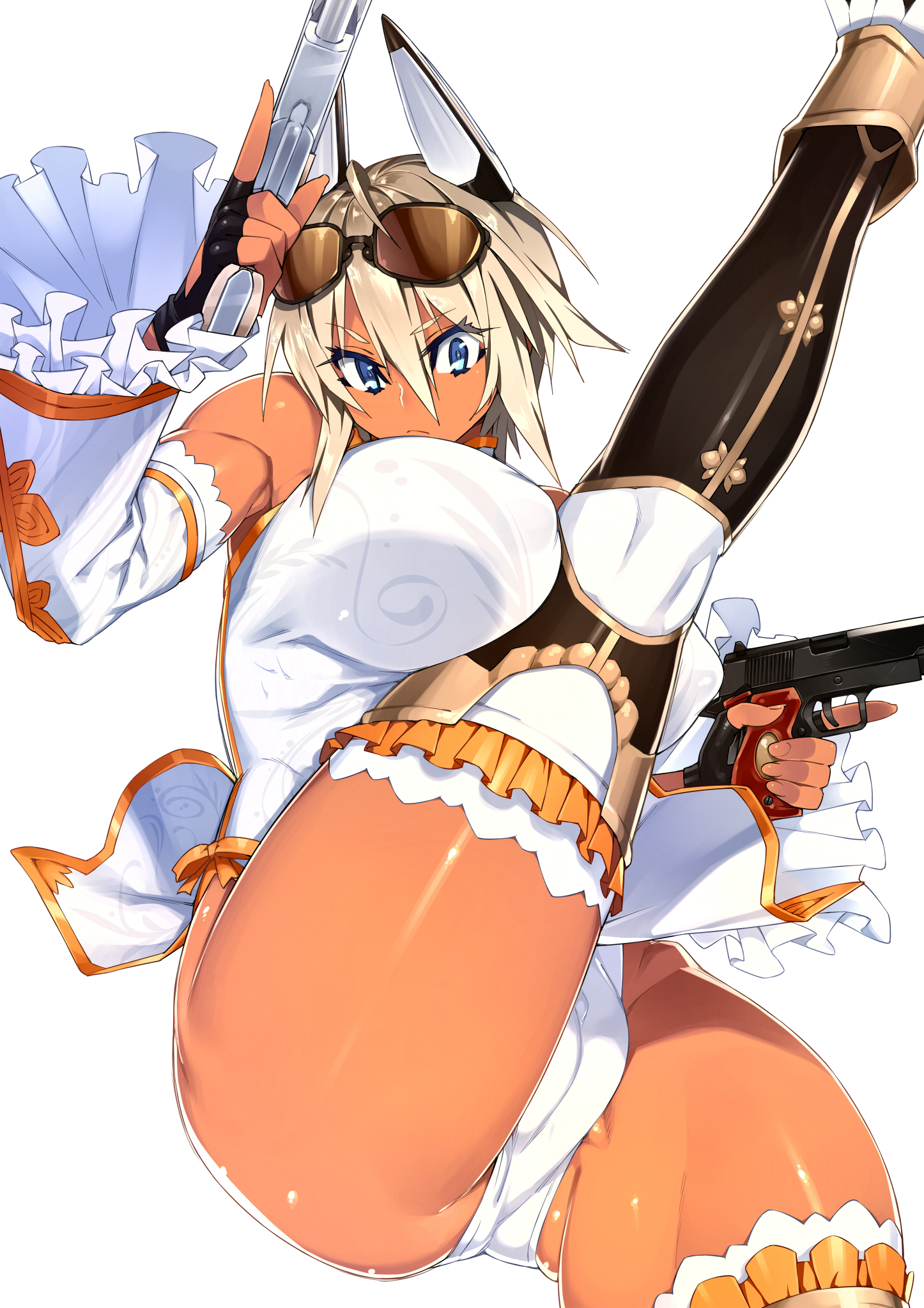 1girls, blonde hair, blue eyes, breasts, cameltoe, dark skin, dark-skinned female, dual wielding, female, female only, gun, large breasts, leg up, leotard, muscular, muscular female, original, pussy, sela (sela god), sela god, short hair, solo, sunglasses, thighhighs, weapon