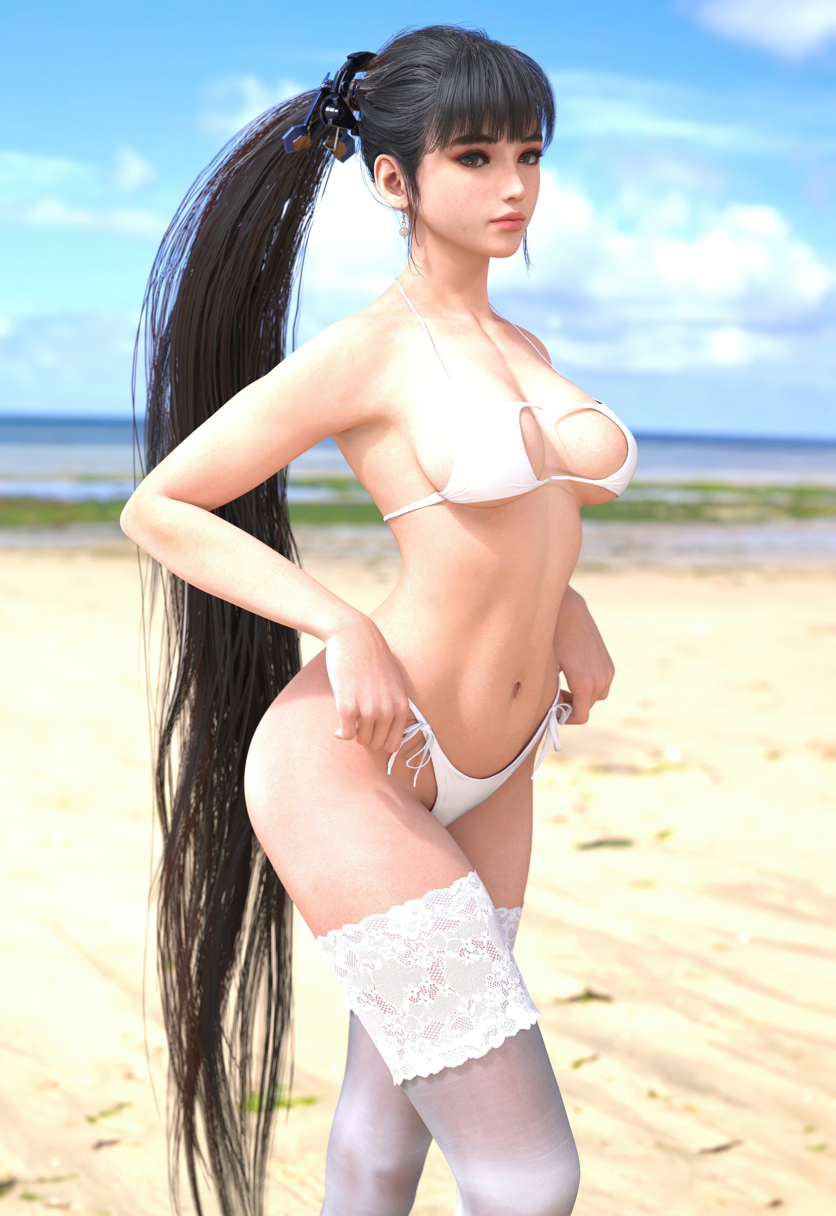 1girls, 3d, black hair, busty, eve (stellar blade), female, female focus, female only, hleet3d, hourglass figure, lingerie, long hair, long legs, outside, pinup, pinup pose, pose, solo, standing, stellar blade, tagme, thighhighs, thighs, wide hips