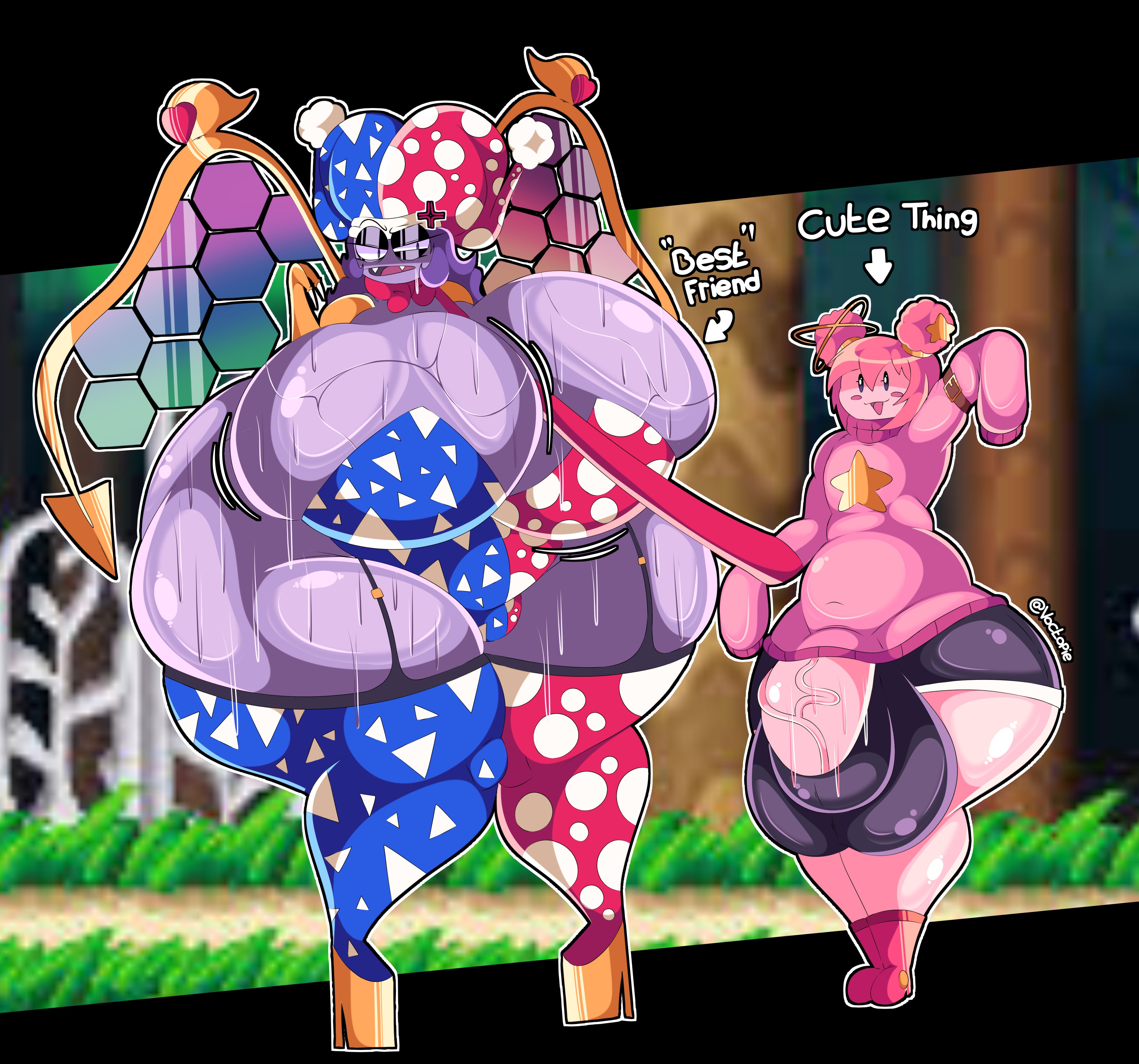 1boy, 1girls, anger vein, annoyed, big ass, big breasts, breasts, bulge, chubby, eyeliner, fangs, female, genderswap (mtf), have you tryed to goon with your life on the line, heels, hyper, hyper ass, hyper balls, hyper breasts, hyper butt, hyper genitalia, hyper penis, hyper testicles, hyper thighs, jester, jester hat, kirby, kirby (series), marx, pink body, pink hair, purple hair, purple skin, rule 63, sweat, tagme, tight clothing, voctopie, wings