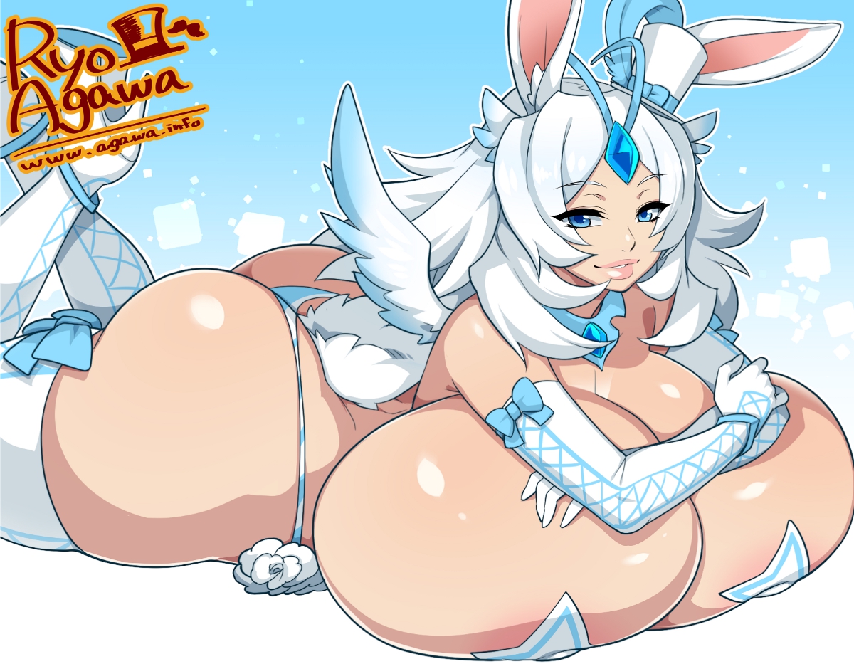 1girls, areola, ass, ass cleavage, ass crack, blue eyes, breast press, breasts, bunny ears, bunny tail, busty, butt crack, cleavage, curvy, female, gigantic ass, gigantic breasts, hat, high heel boots, high heels, huge ass, huge breasts, hyper breasts, laying down, long hair, looking at viewer, mini top hat, on stomach, pasties, ryo agawa, silver hair, solo, sponty, star pasties, tail, thick thighs, thigh boots, thong, voluptuous, white hair, wide hips, wings