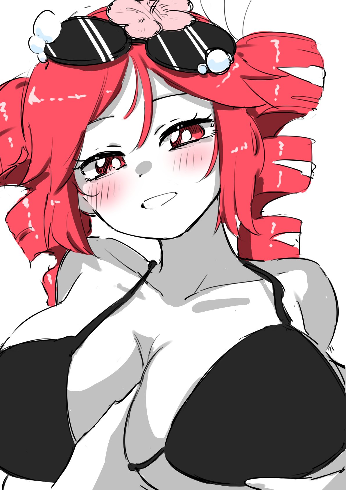 1girls, 2d, 2d (artwork), ahoge, arm tattoo, big breasts, bikini, bikini top, blush, blush lines, blushing profusely, breast grab, breasts, breasts bigger than head, clothed, clothed female, clothing, colored sketch, fat breasts, female, female only, flower, flower in hair, fully clothed, grabbing breasts, hair ornament, hairbow, half-closed eyes, headgear, huge breasts, kasane teto, kasane teto (sv), large breasts, lifting breasts, looking at viewer, looking down, open mouth, oshijuu748, plump, plump breasts, presenting, presenting breasts, red eyes, red hair, simple background, slim waist, smile, solo, solo female, sunglasses, sunglasses on head, sweat, sweating, synthesizer v, tattoo, top heavy, twin drills, upper body, upper body focus, utau, voluptuous, voluptuous female, white background