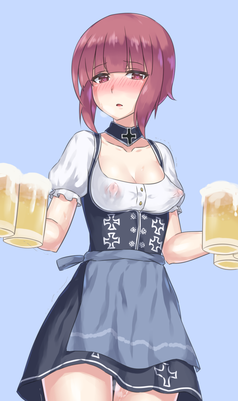 alcohol apron auburn_hair beer beer_mug black_dress blue_apron blush breasts brown_eyes cleavage covered_nipples dirndl dress female german_clothes heart heart-shaped_pupils highres kantai_collection looking_at_viewer mizuumi_(bb) nipples oktoberfest open_mouth pussy_juice see-through short_hair solo symbol-shaped_pupils tracht z3_max_schultz_(kantai_collection)